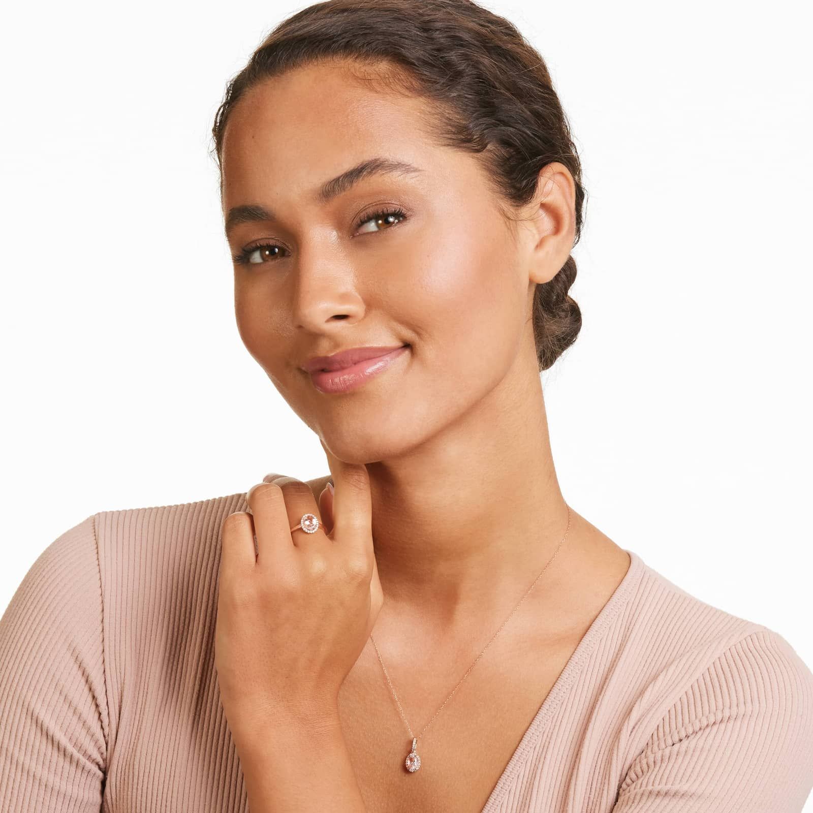 14K Rose Gold Oval Halo Morganite and Diamond Necklace