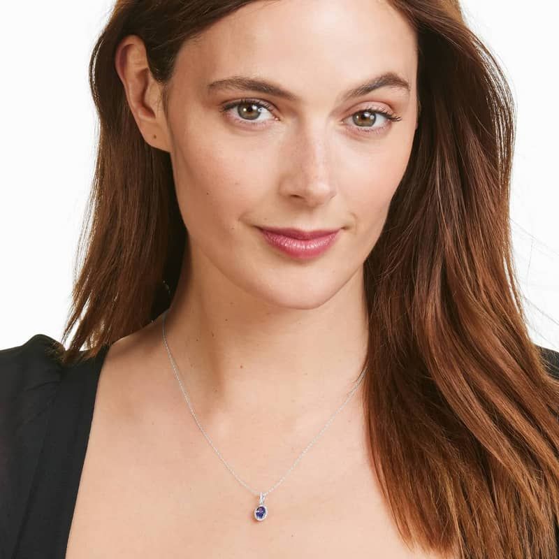 14K White Gold Oval Halo Tanzanite and Diamond Necklace