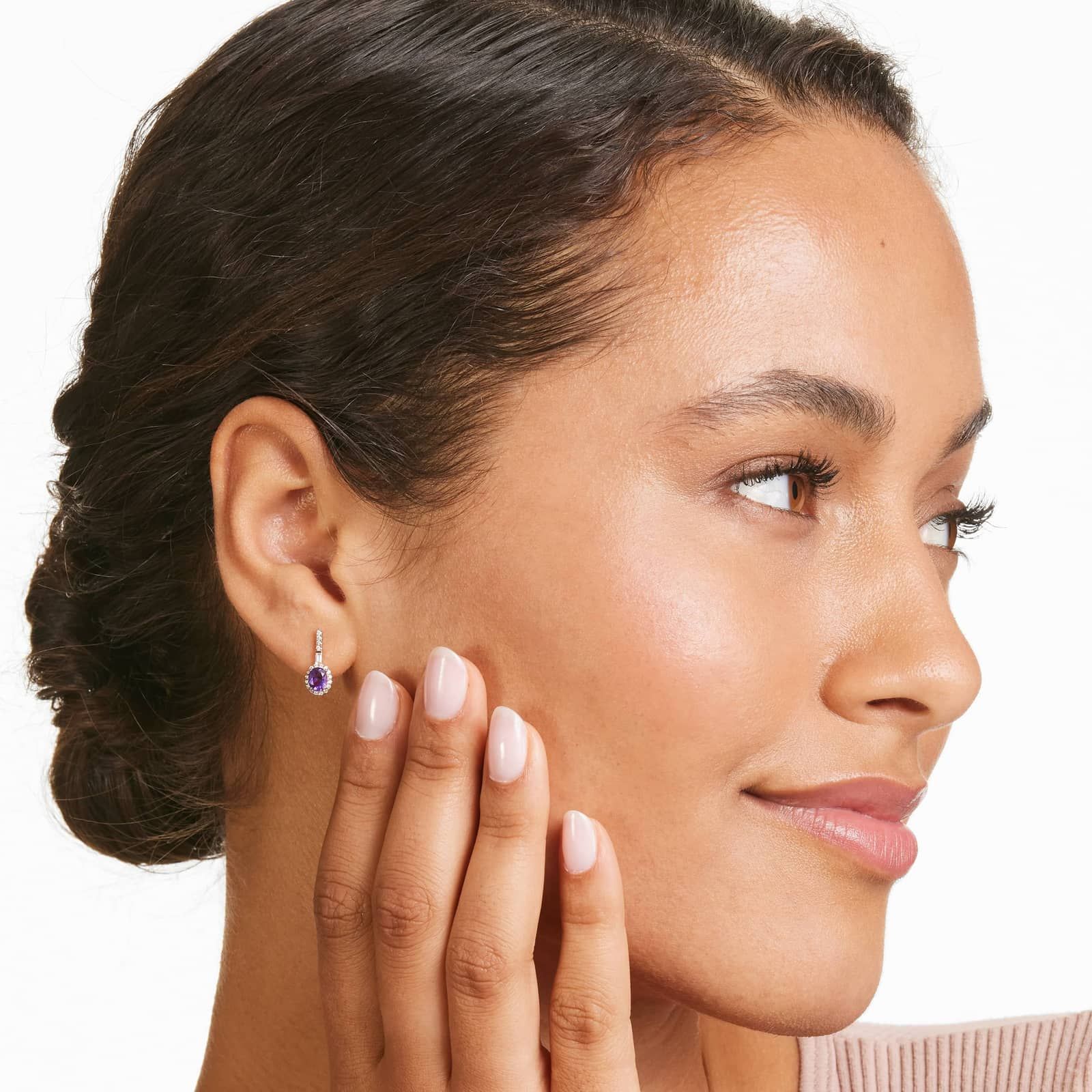 Petite Amethyst And Diamond Halo Drop Earrings In 14K Rose Gold