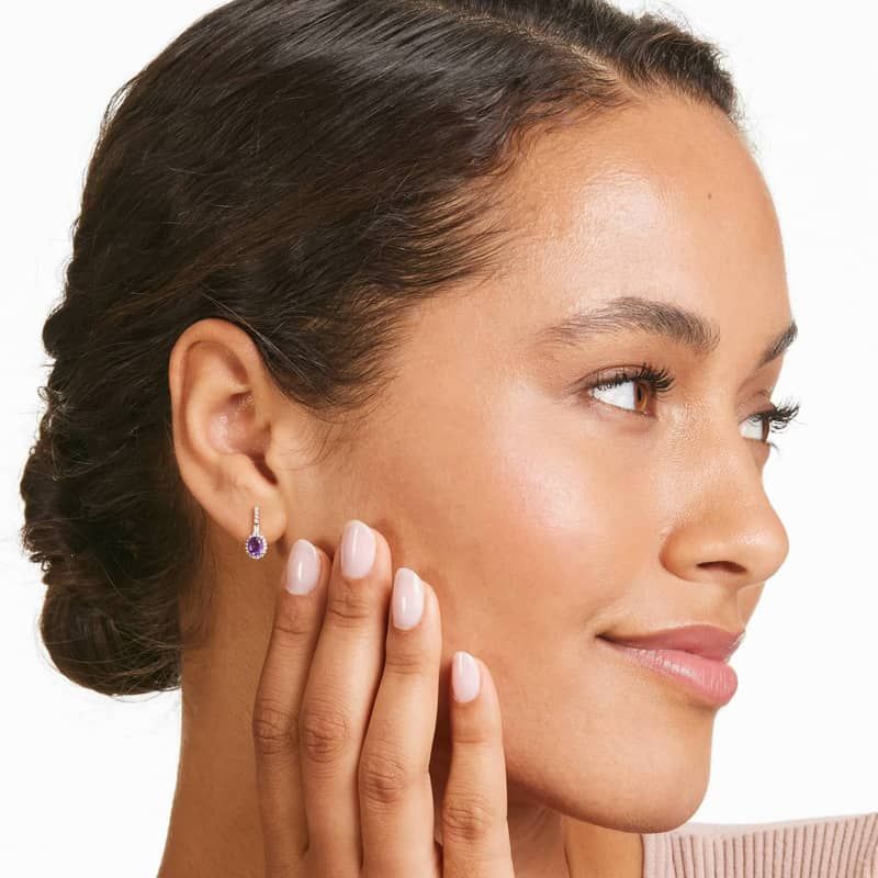 Petite Amethyst And Diamond Halo Drop Earrings In 14K Rose Gold