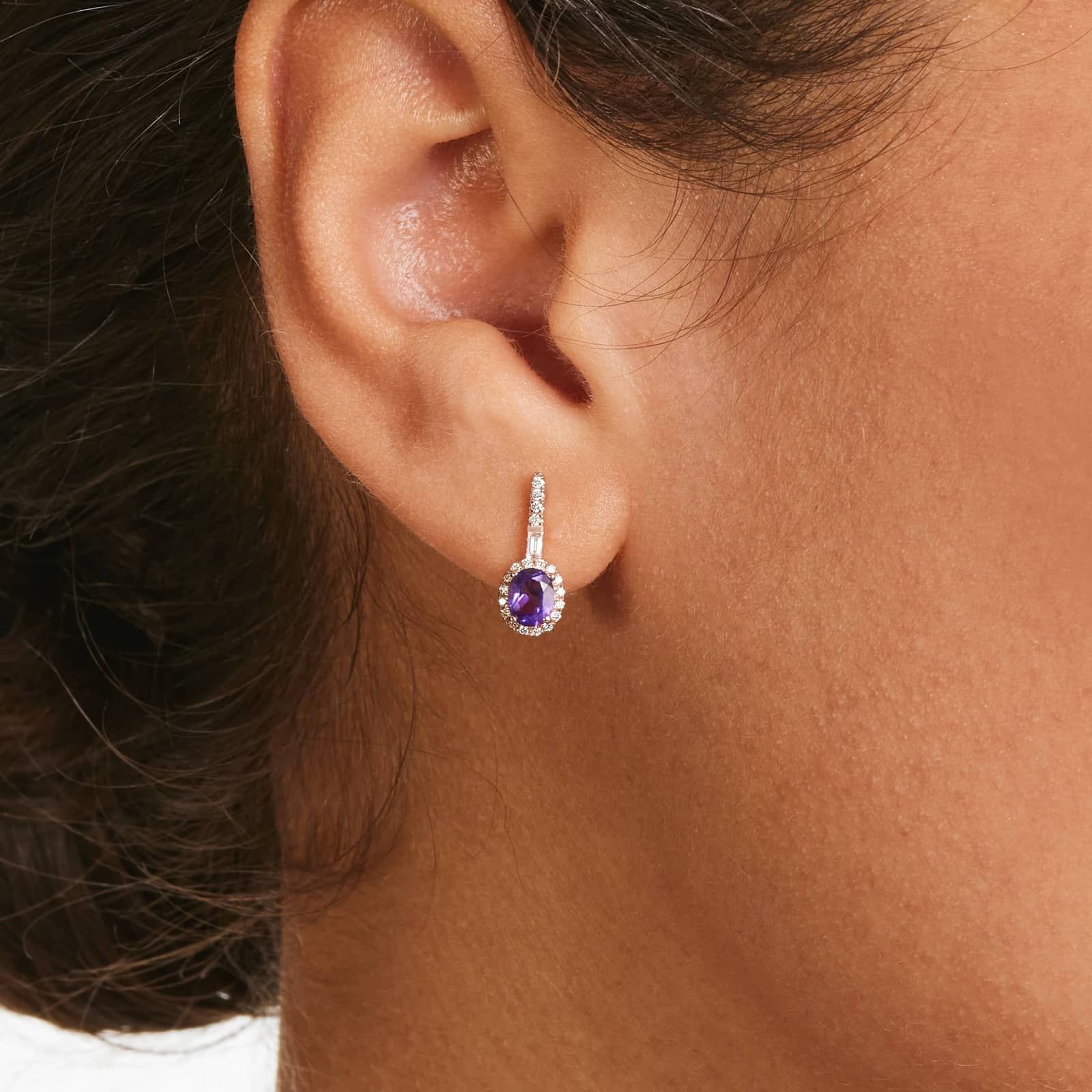 Petite Amethyst And Diamond Halo Drop Earrings In 14K Rose Gold