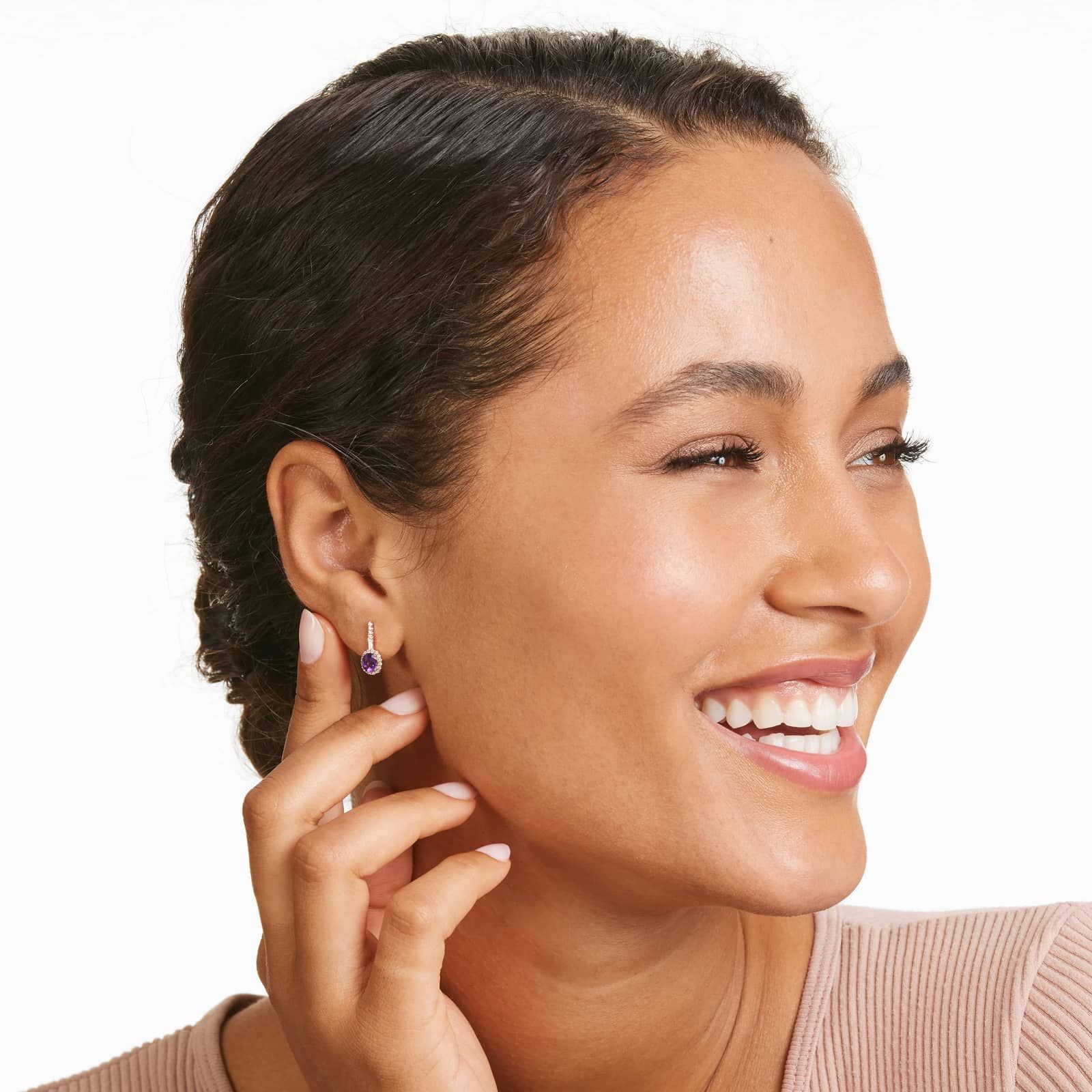 Petite Amethyst And Diamond Halo Drop Earrings In 14K Rose Gold