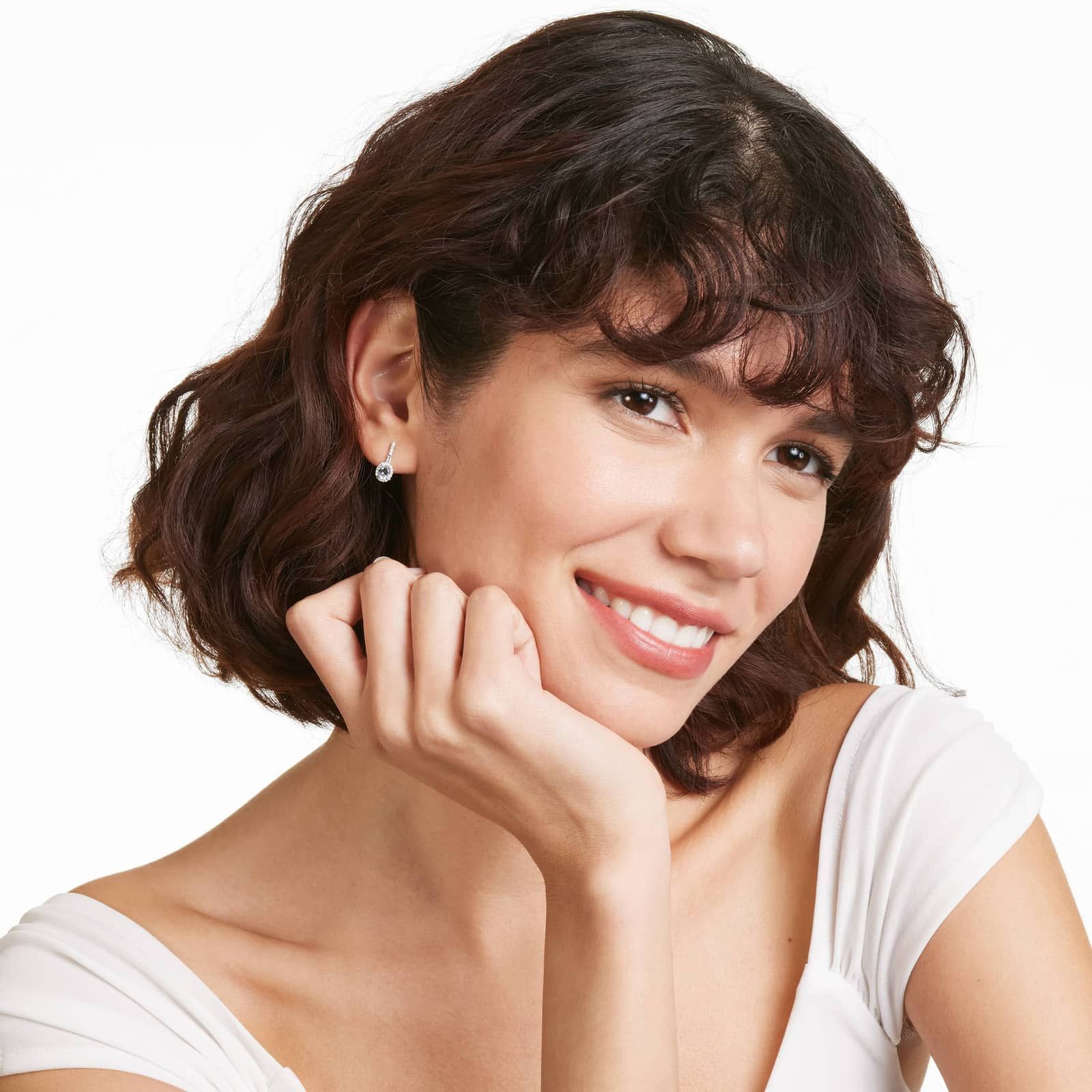 Petite Aquamarine And Diamond Halo Drop Earrings In 14K White Gold