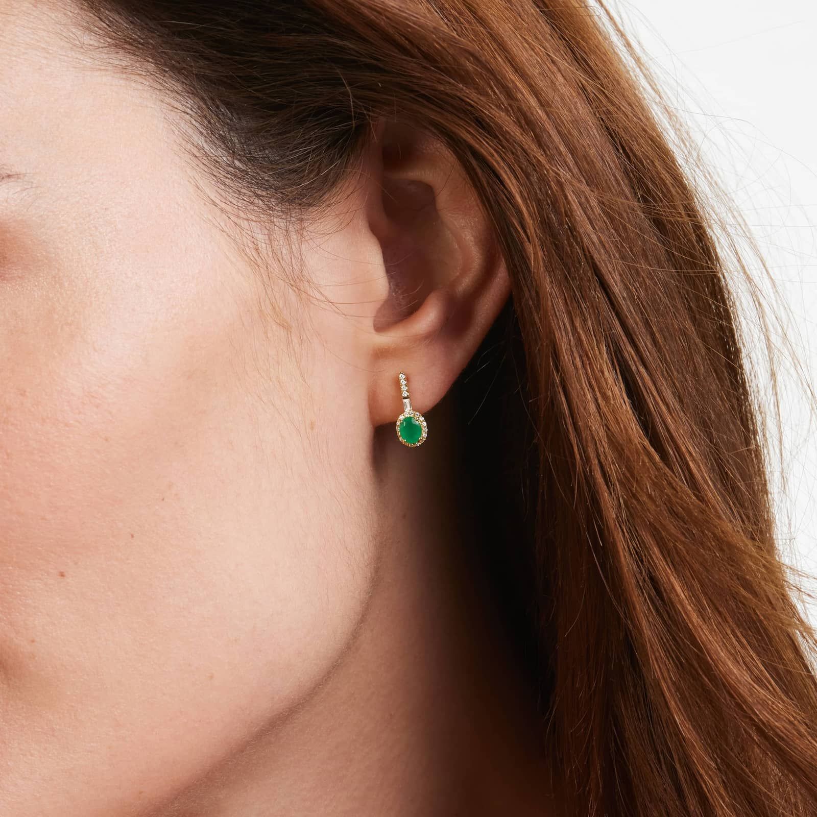 Petite Emerald And Diamond Halo Drop Earrings In 14K Yellow Gold