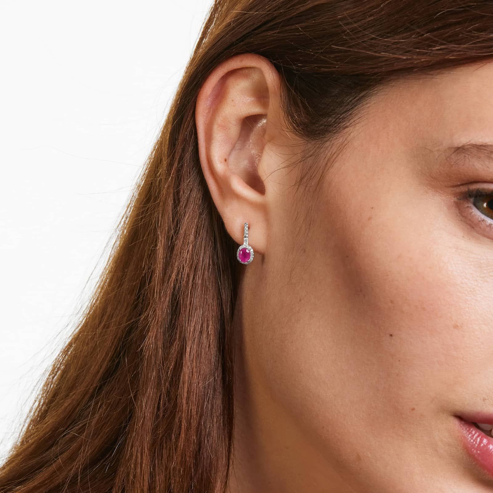 Petite Ruby And Diamond Halo Drop Earrings In 14K White Gold