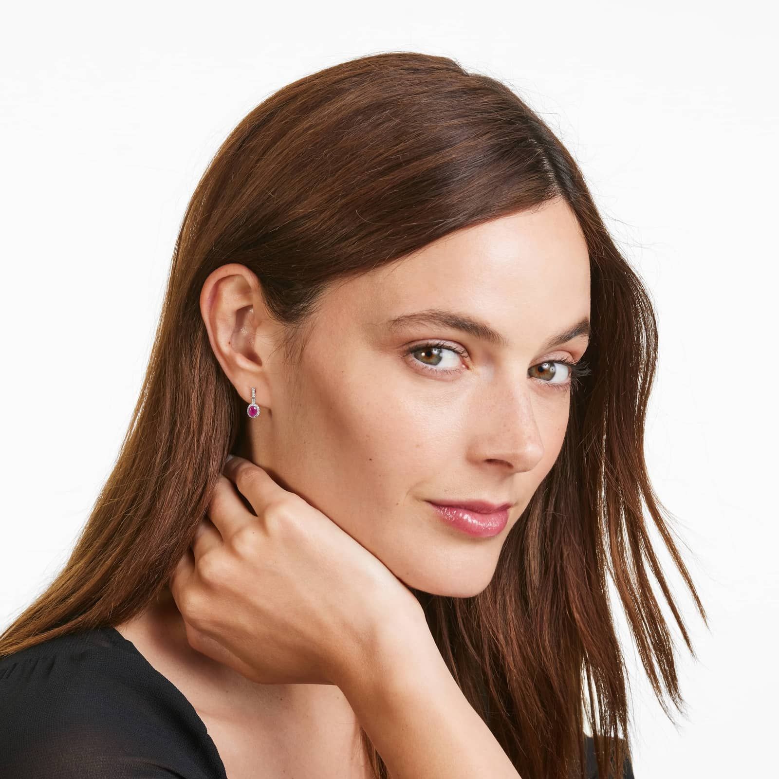 Petite Ruby And Diamond Halo Drop Earrings In 14K White Gold