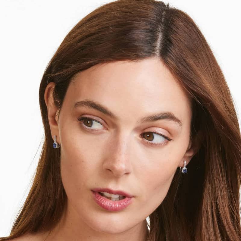 Petite Sapphire And Diamond Halo Drop Earrings In 14K White Gold