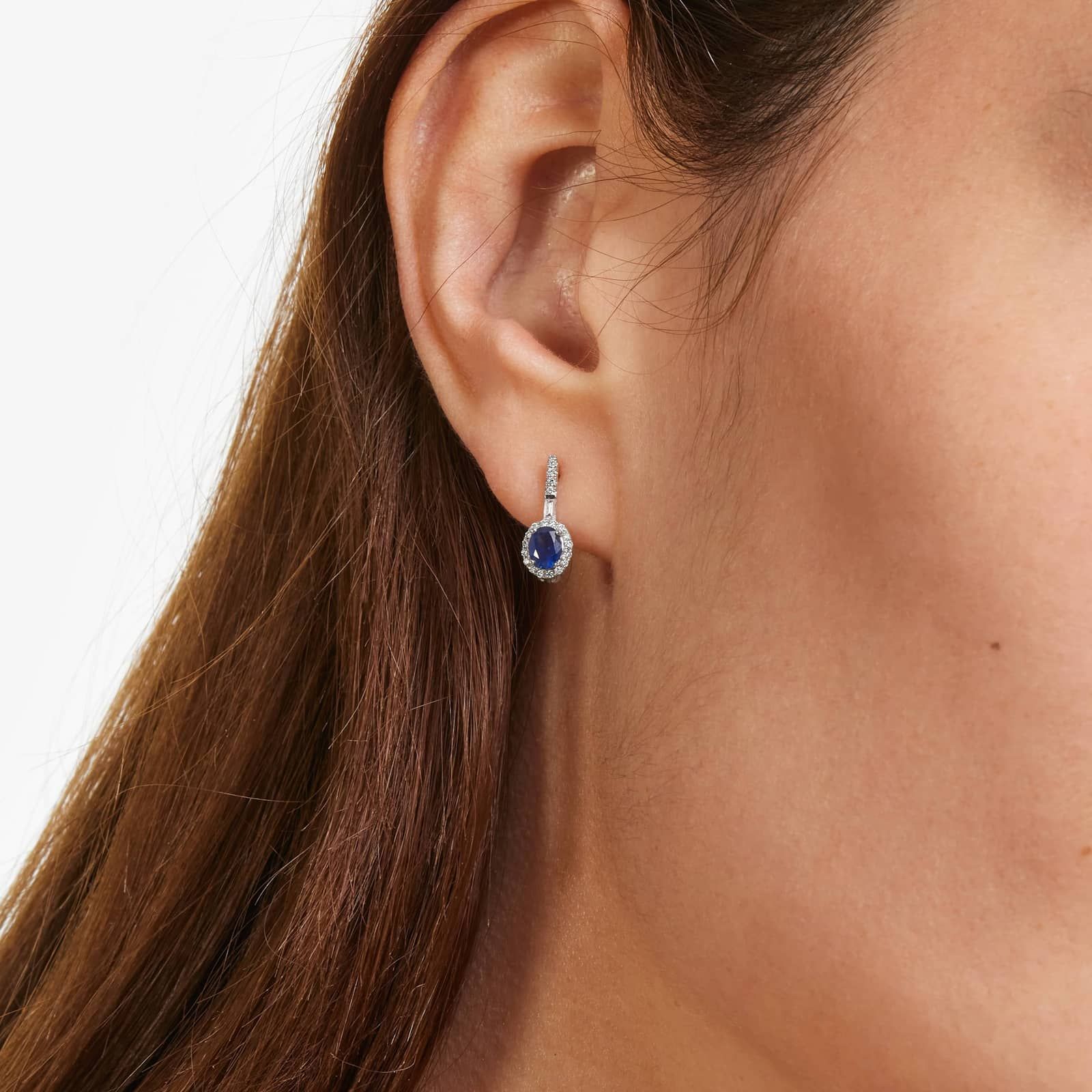 Petite Sapphire And Diamond Halo Drop Earrings In 14K White Gold