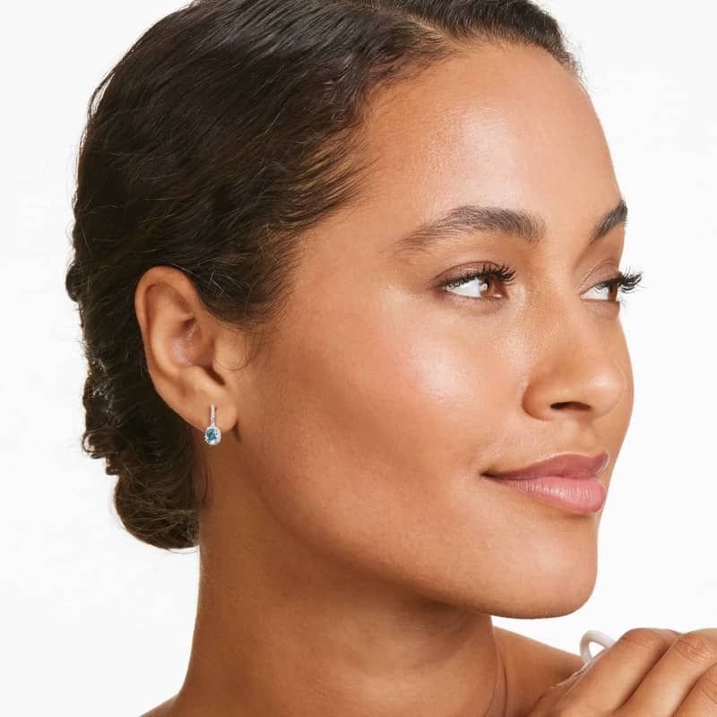 Petite Blue Topaz And Diamond Halo Drop Earrings In 14K White Gold