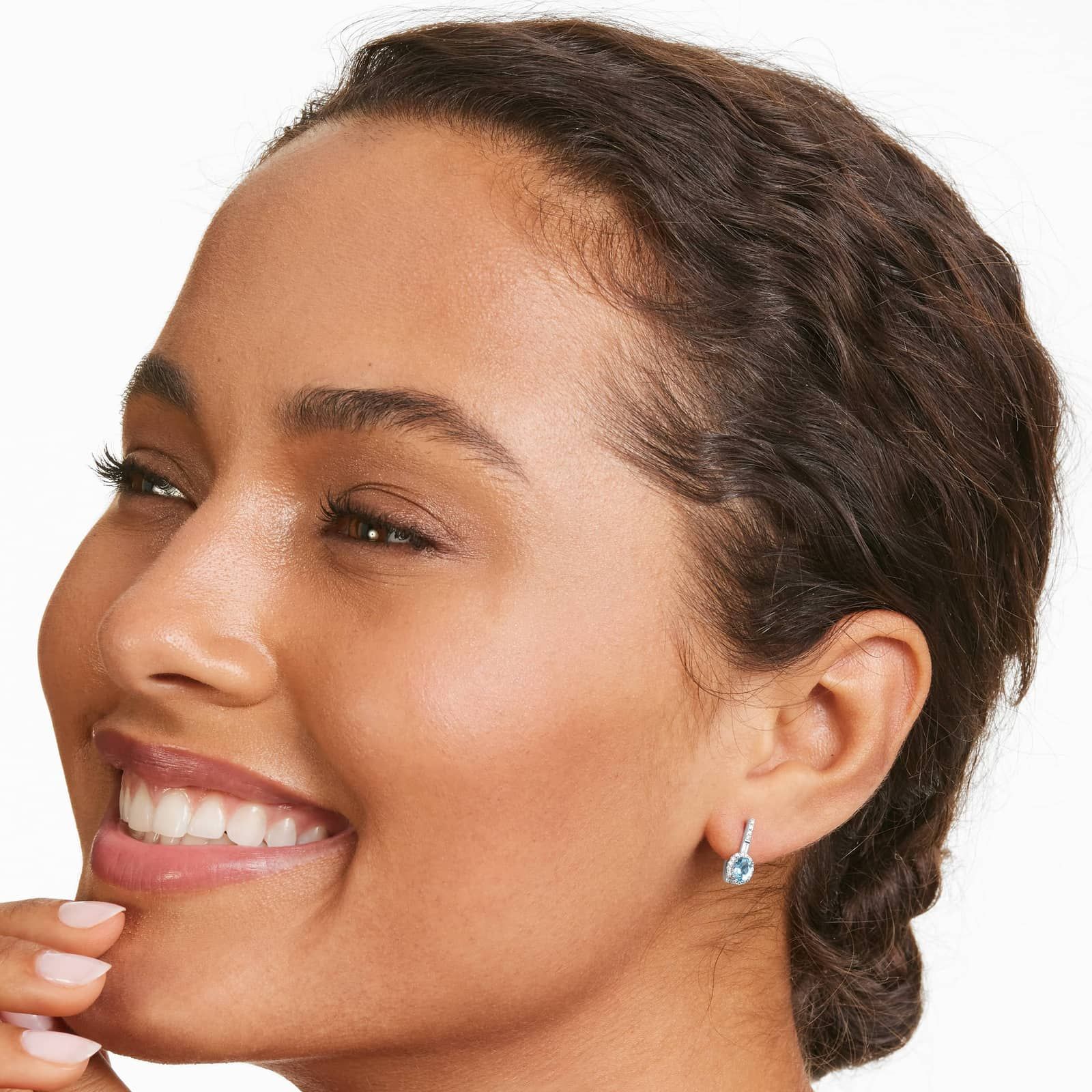 Petite Blue Topaz And Diamond Halo Drop Earrings In 14K White Gold