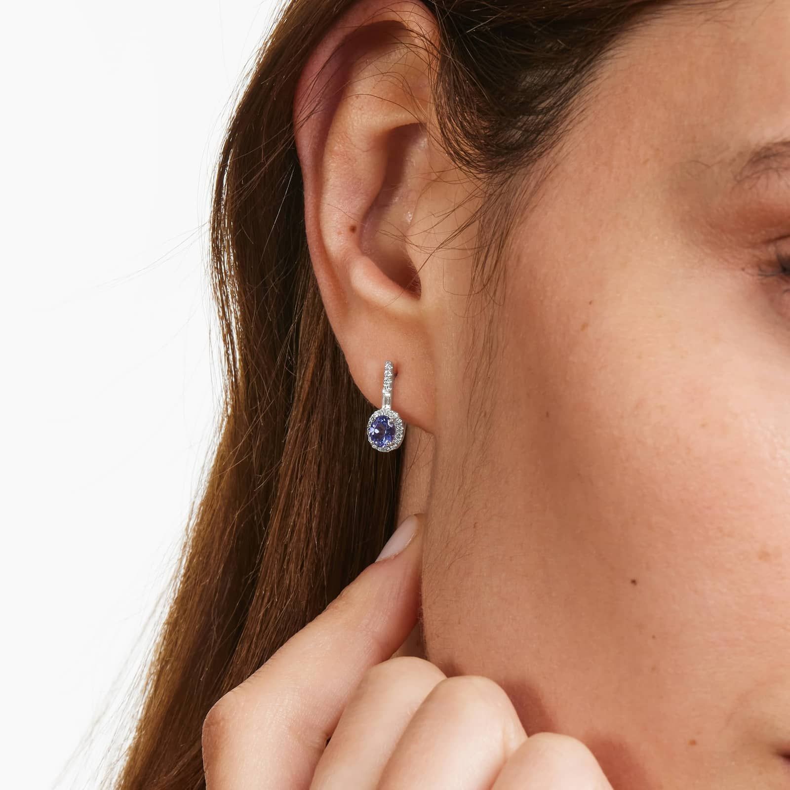 Petite Tanzanite And Diamond Halo Drop Earrings In 14K White Gold