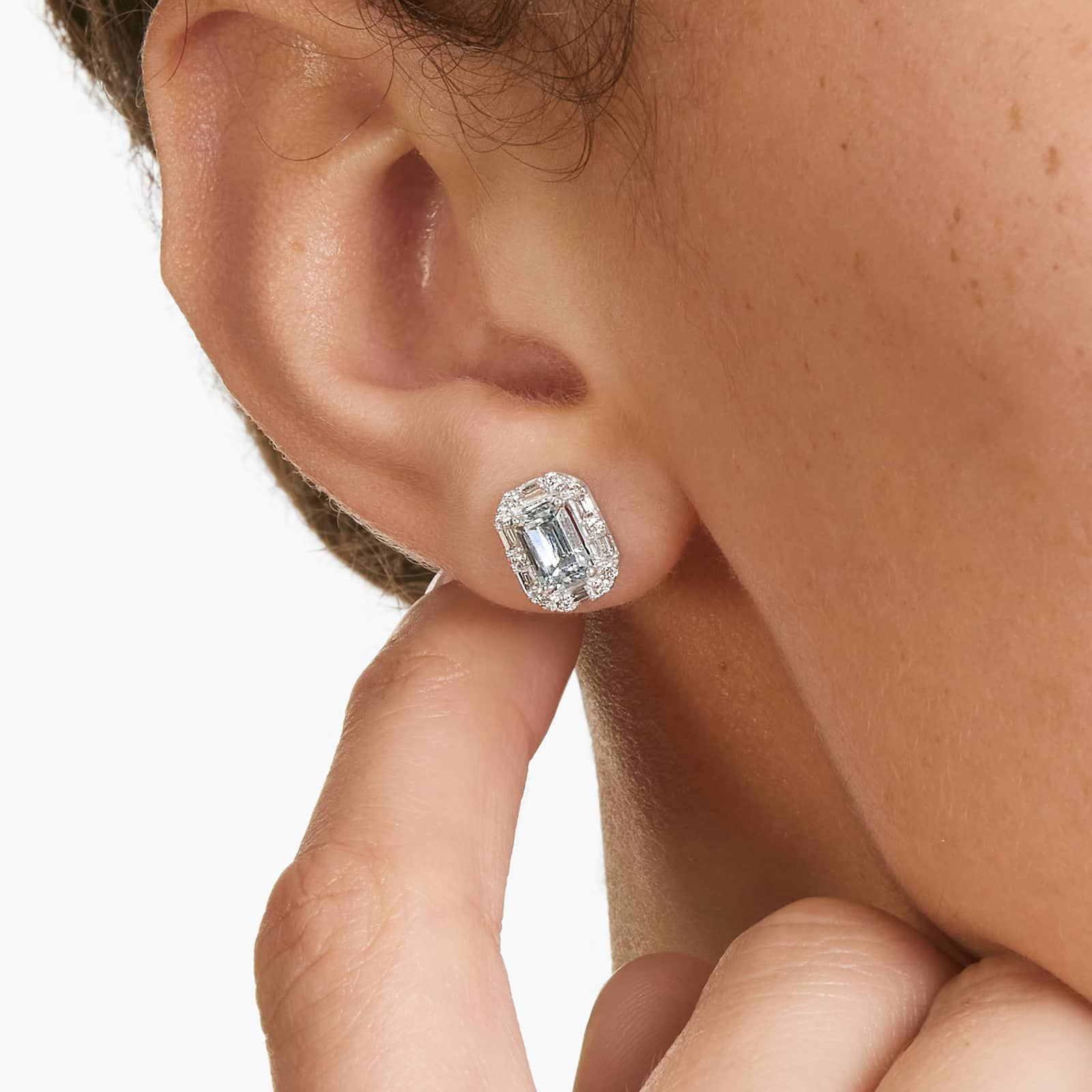 Allure Aquamarine And Diamond Halo Earrings In 14K White Gold