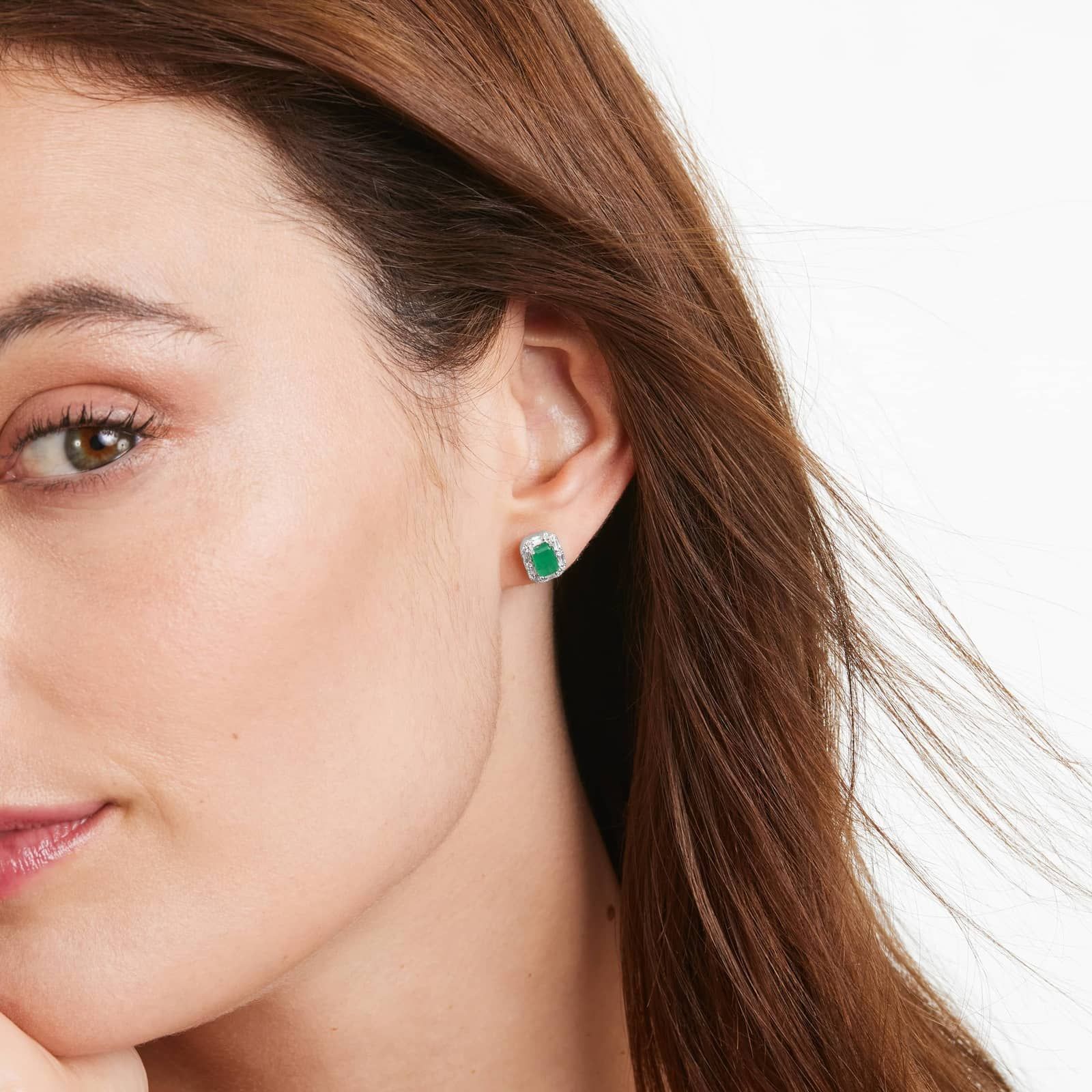 Allure Emerald And Diamond Halo Earrings In 14K White Gold