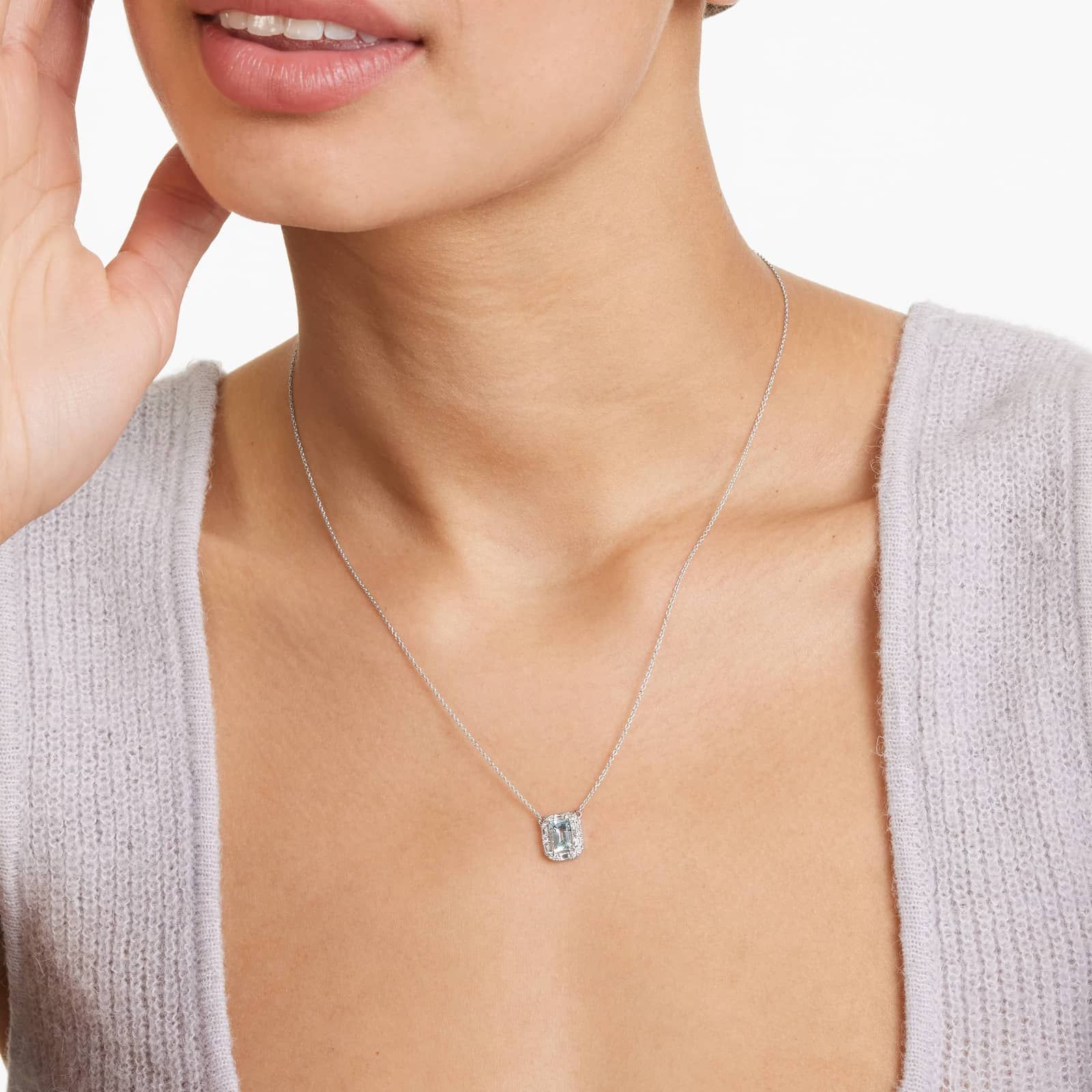 14K White Gold Allure Diamond Halo Aquamarine Necklace
