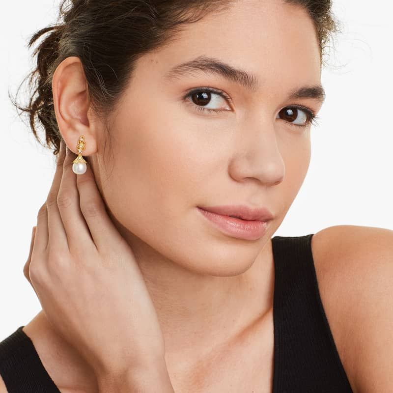 Vintage Inspired Cultured Freshwater Pearl And Diamond Drop Earrings In 14K Yellow Gold (9.0-9.5mm)