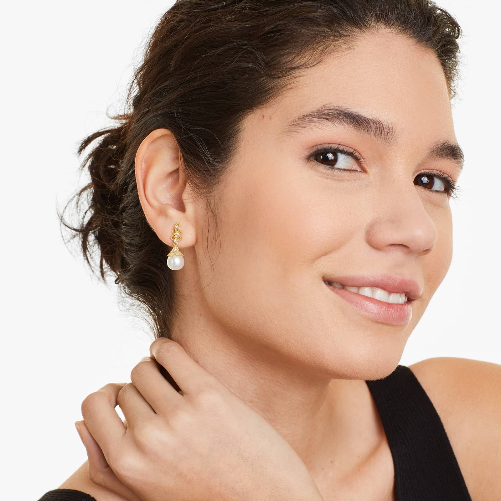 Vintage Inspired Cultured Freshwater Pearl And Diamond Drop Earrings In 14K Yellow Gold (9.0-9.5mm)