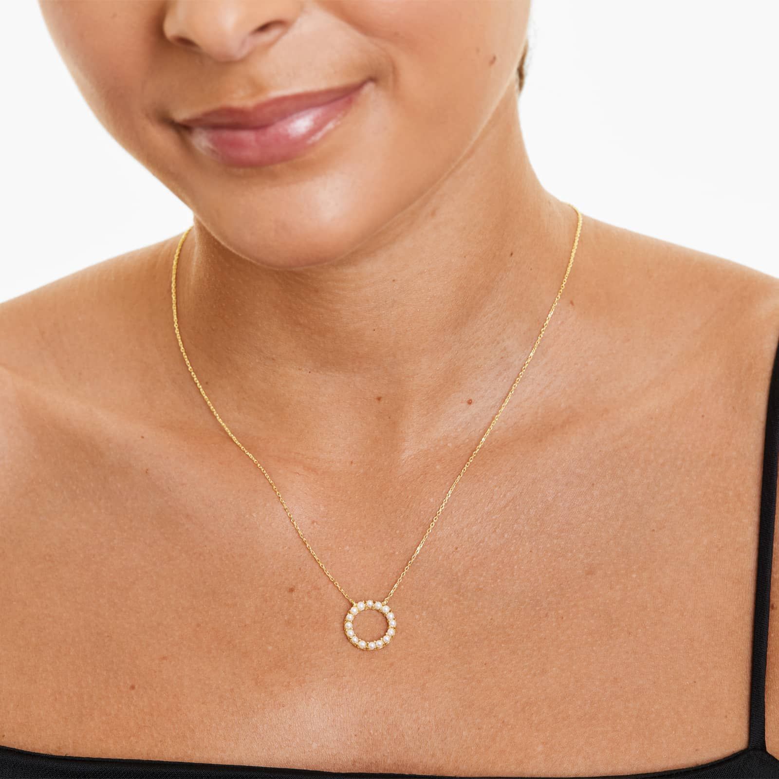 14K Yellow Gold Freshwater Cultured Seed Pearl Open Circle Necklace (2.0mm)