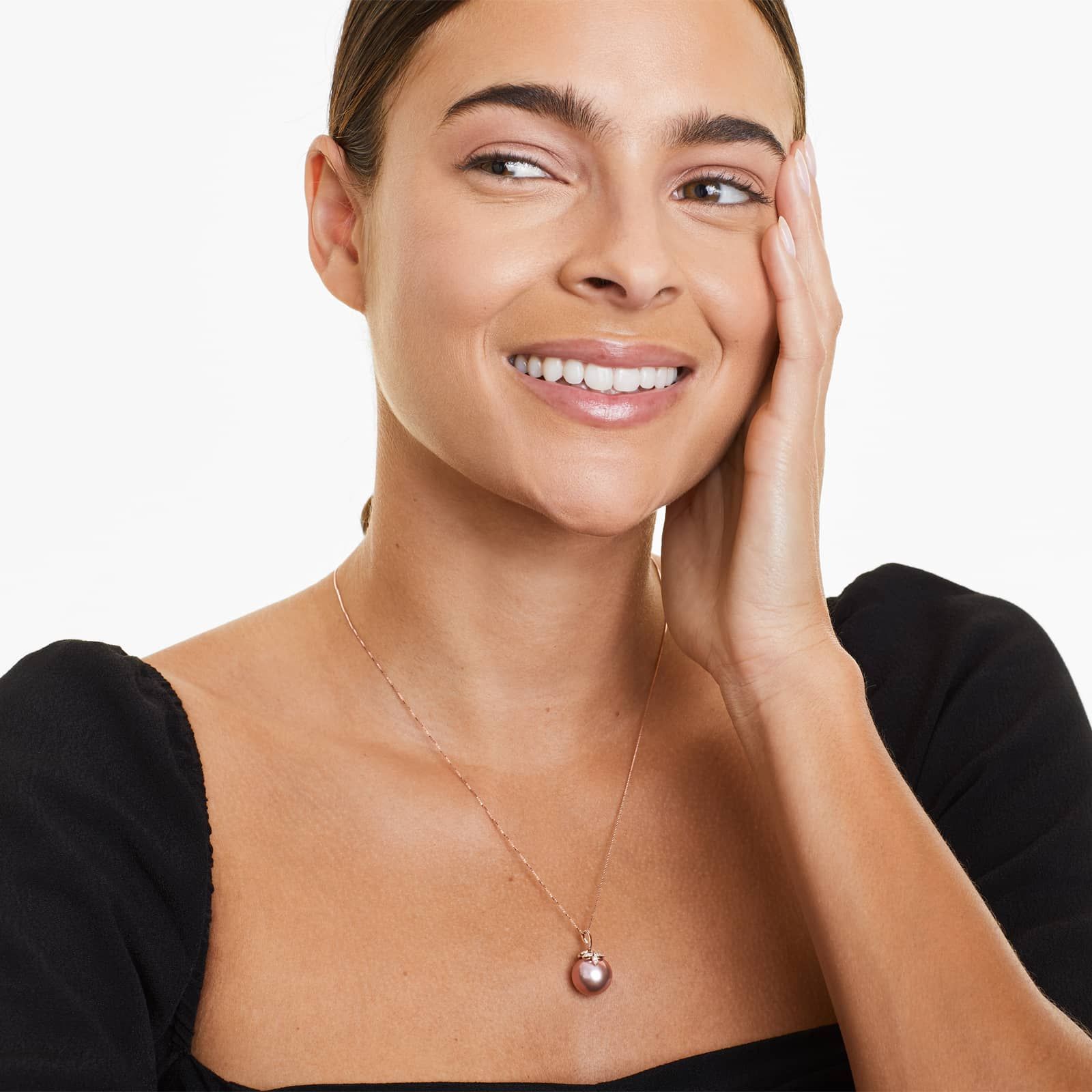 14K Rose Gold Pink Freshwater Cultured Windsor Pearl and Diamond Trio Leaf Pendant (13.0-14.0mm)