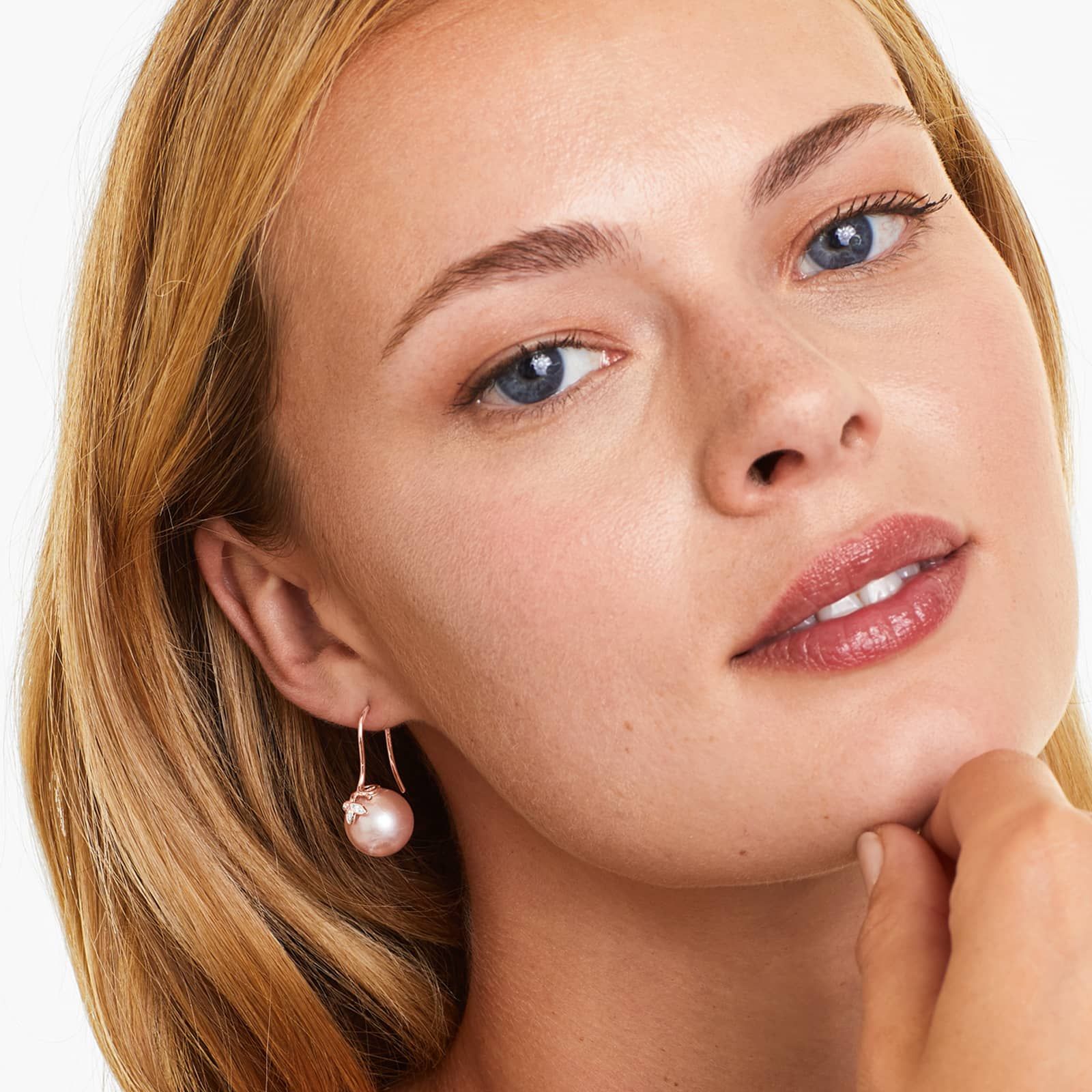 Pink Cultured Freshwater Pearl And Diamond Trio Leaf Drop Earrings In 14K Rose Gold (13.0-14.0mm)