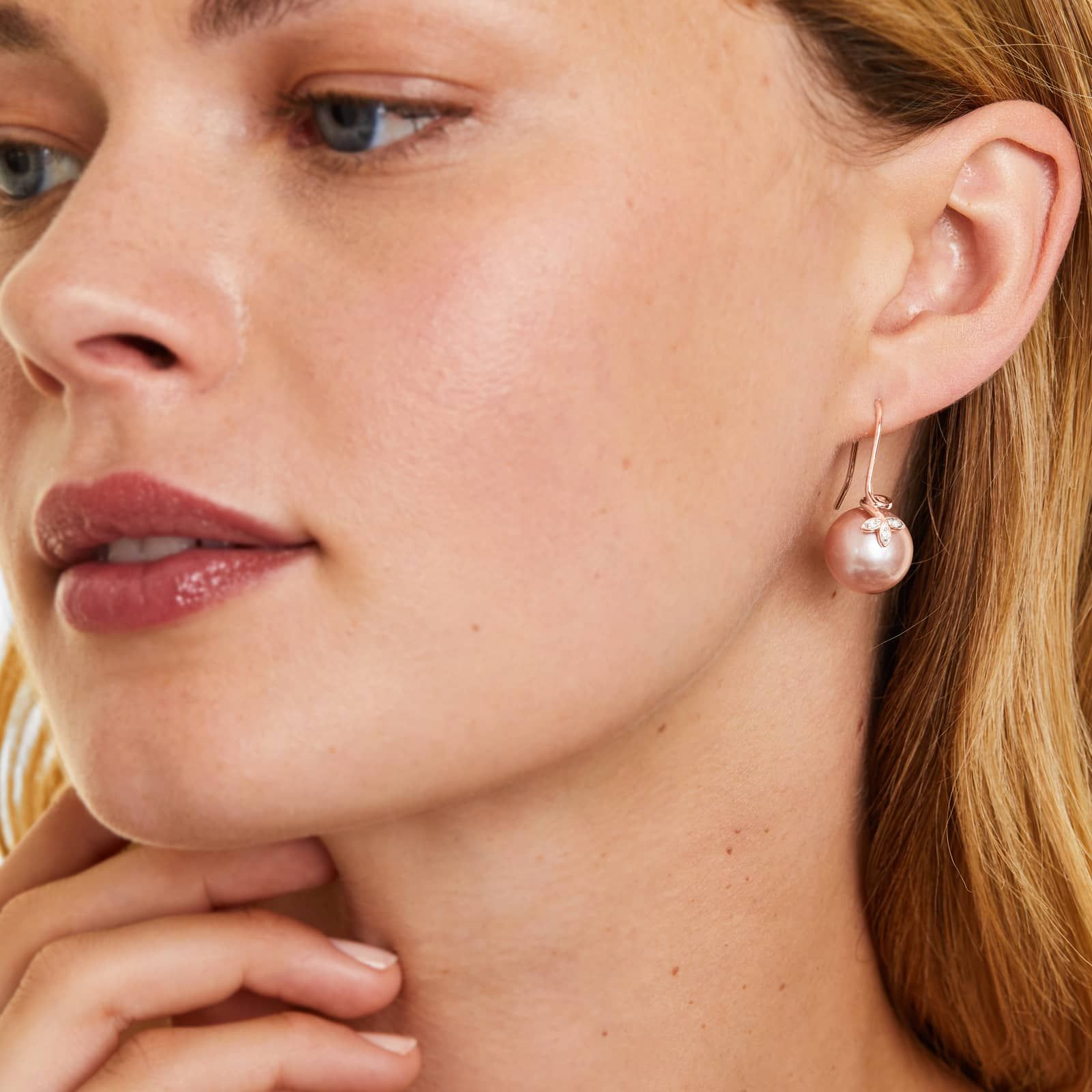 Pink Cultured Freshwater Pearl And Diamond Trio Leaf Drop Earrings In 14K Rose Gold (13.0-14.0mm)