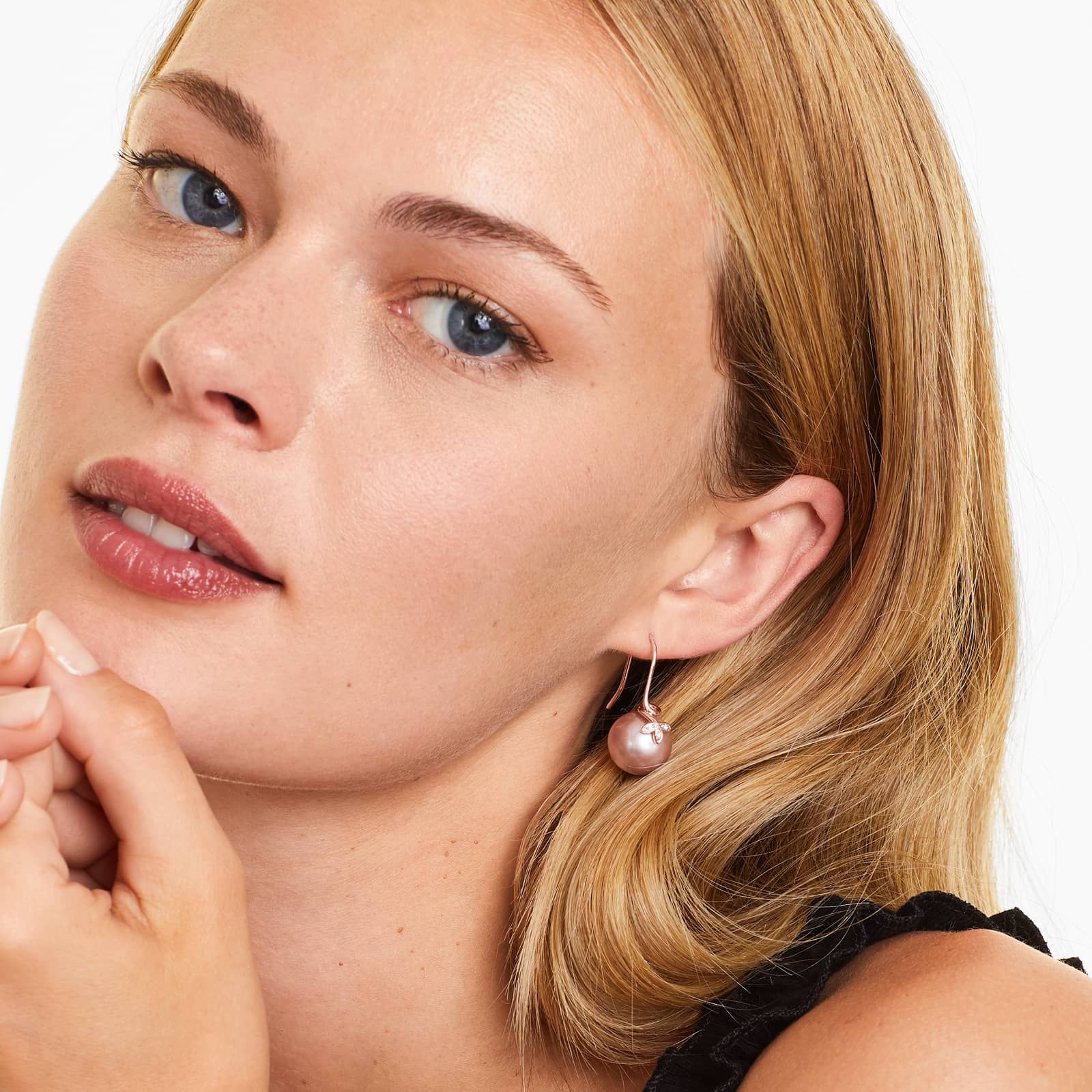 Pink Cultured Freshwater Pearl And Diamond Trio Leaf Drop Earrings In 14K Rose Gold (13.0-14.0mm)