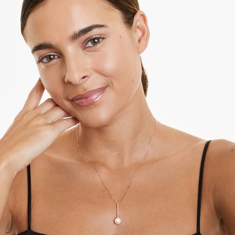 14K Rose Gold Freshwater Cultured Pearl and Amethyst Drop Necklace (8.0-8.5mm)