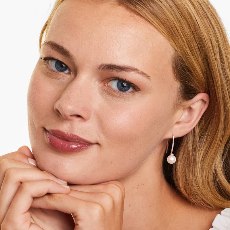 Cultured Freshwater Pearl And Amethyst Drop Earrings In 14K Rose Gold (8.0-8.5mm)