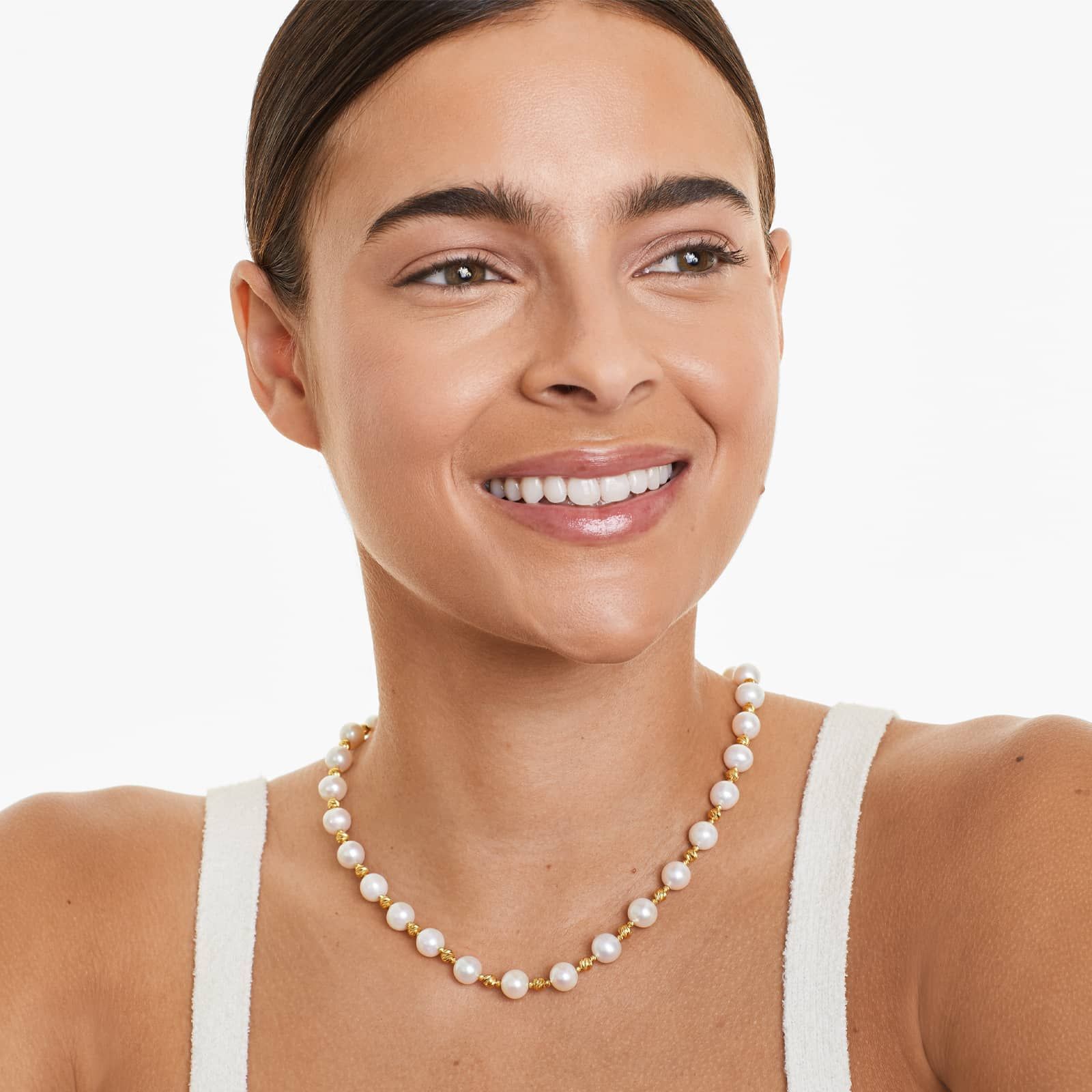 14K Yellow Gold Freshwater Cultured Pearl and Textured Bead Necklace (7.5-8.0mm)
