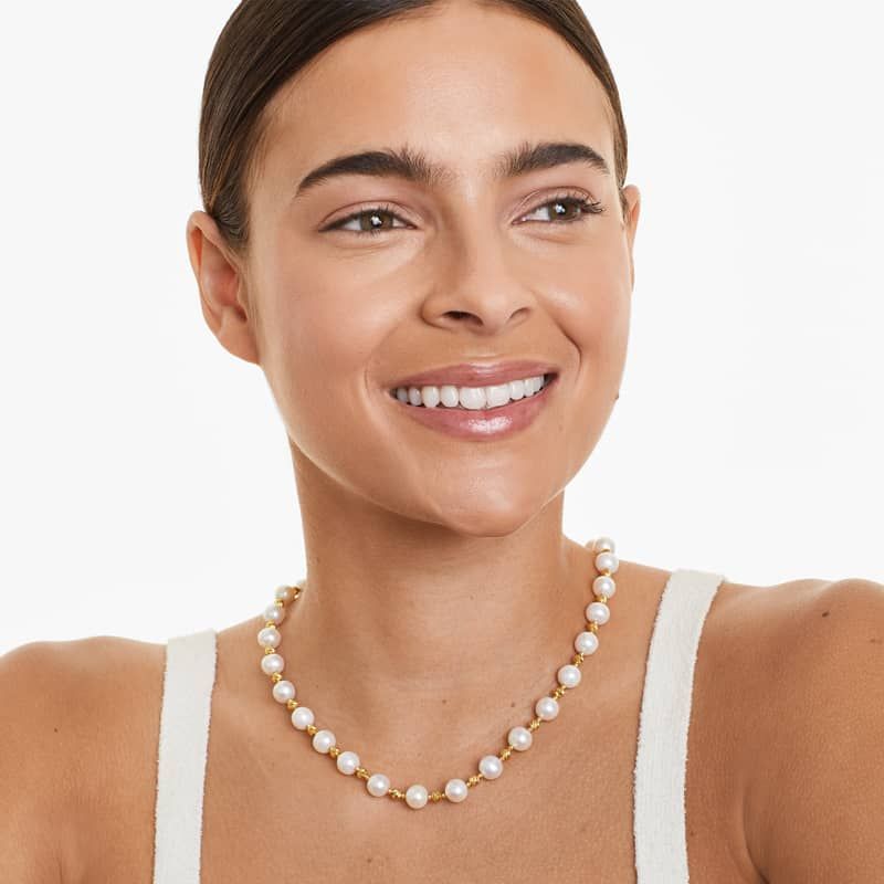 14K Yellow Gold Freshwater Cultured Pearl and Textured Bead Necklace (7.5-8.0mm)
