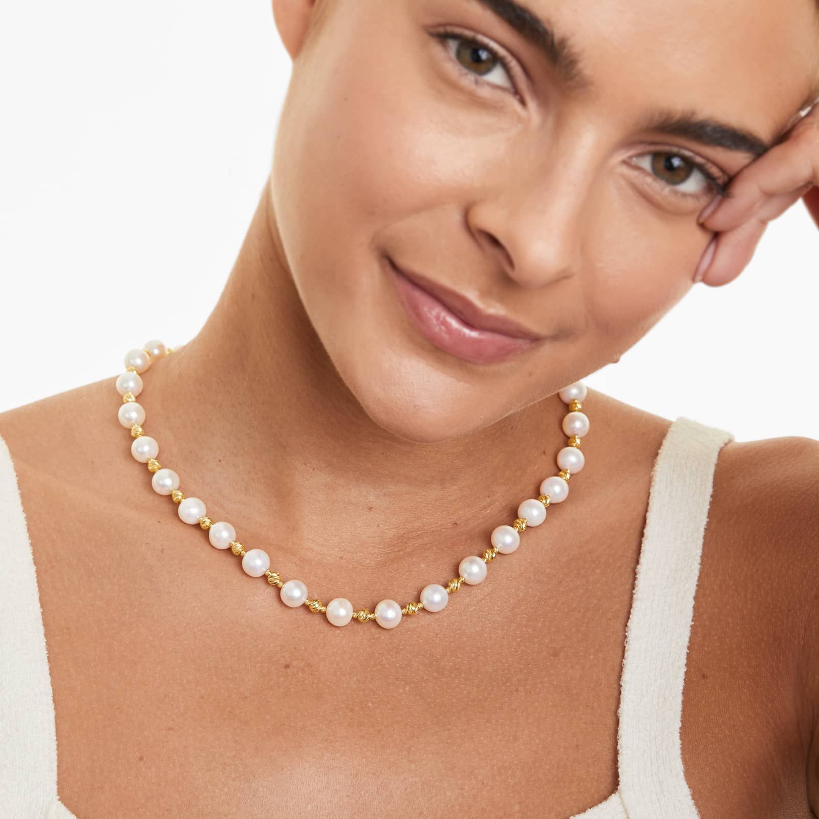 14K Yellow Gold Freshwater Cultured Pearl and Textured Bead Necklace (7.5-8.0mm)