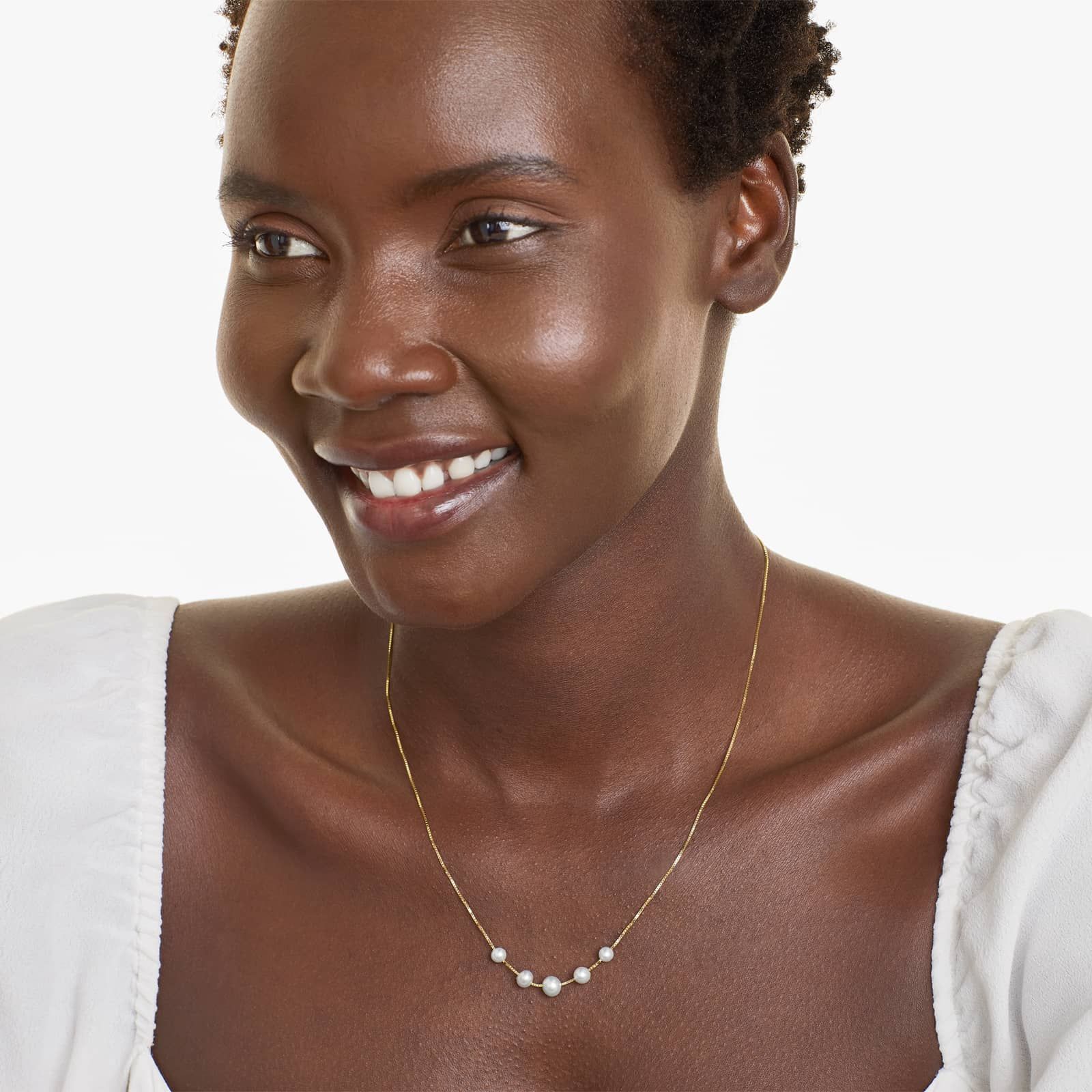 14K Yellow Gold Freshwater Cultured Pearl Graduated Station Necklace (4.0-6.5mm)