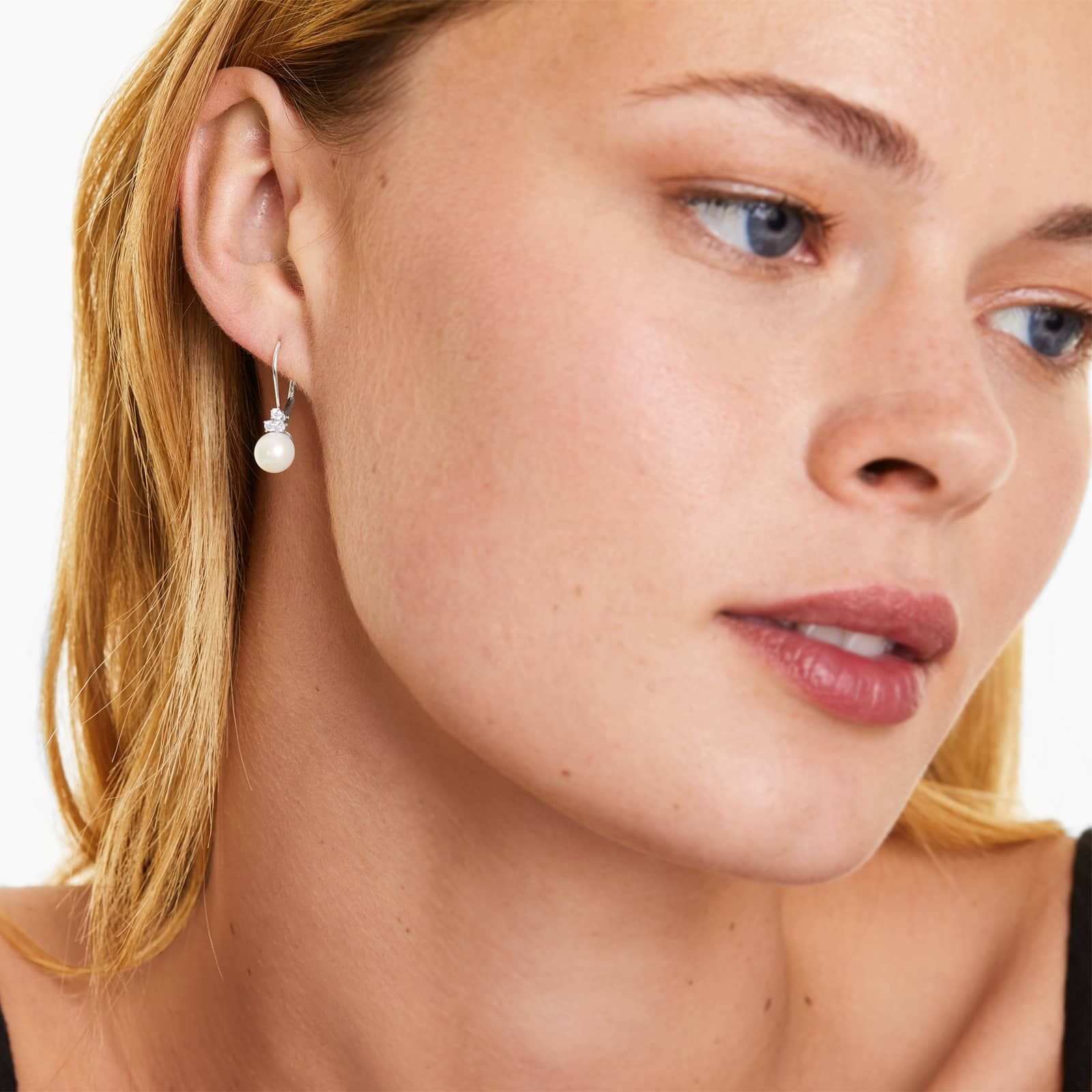 Cultured Freshwater Pearl And Diamond Trio Leverback Earrings In 14K White Gold (7.0-7.5mm)