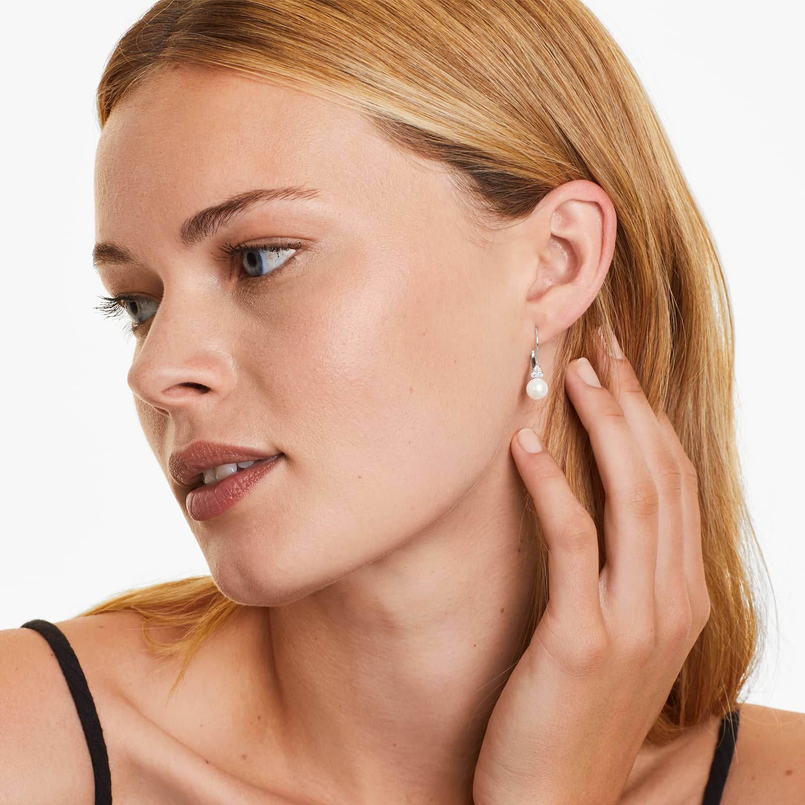 Cultured Freshwater Pearl And Diamond Trio Leverback Earrings In 14K White Gold (7.0-7.5mm)