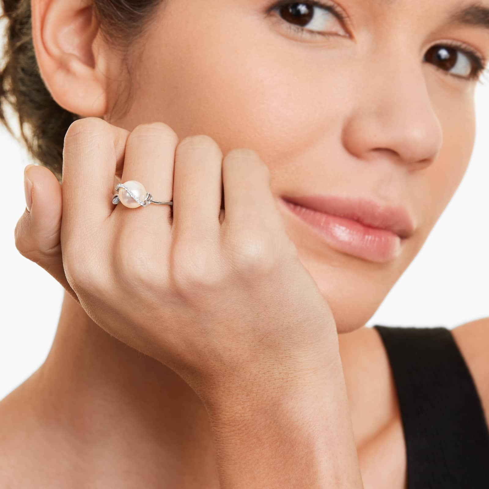 Freshwater Cultured Pearl And Diamond Vine Ring In 14K White Gold (9.0-9.5mm)