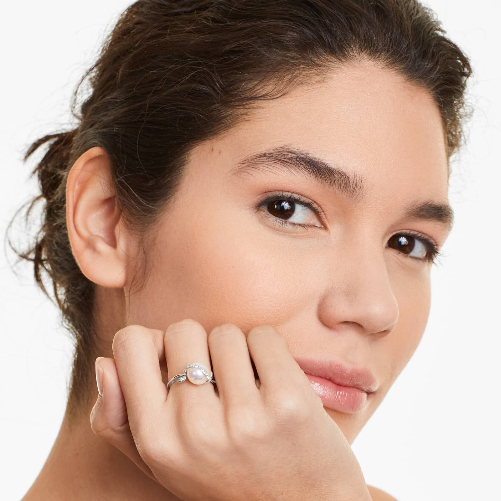 Freshwater Cultured Pearl And Diamond Vine Ring In 14K White Gold (9.0-9.5mm)