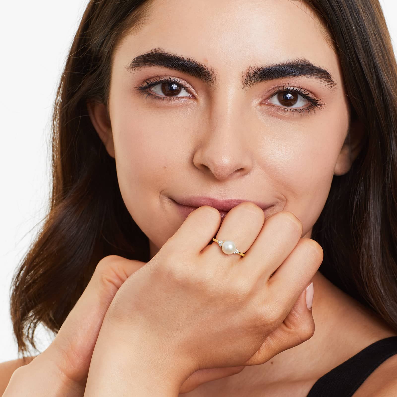 Freshwater Pearl And Diamond Trio Ring In 14K Yellow Gold (7.5-8.0mm)