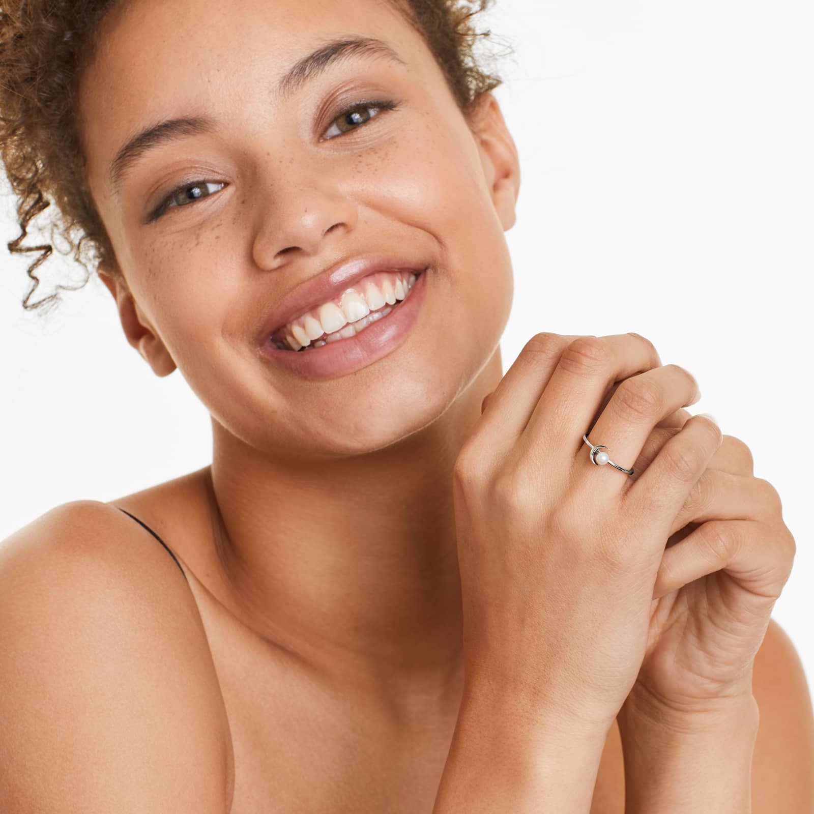 Freshwater Pearl Crescent Ring In 14K White Gold