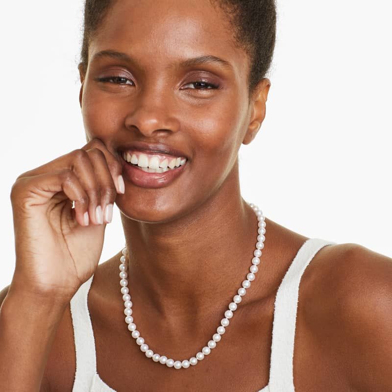 14K White Gold Akoya Cultured Pearl Ball Clasp 18" Necklace (6.50-7.0mm)