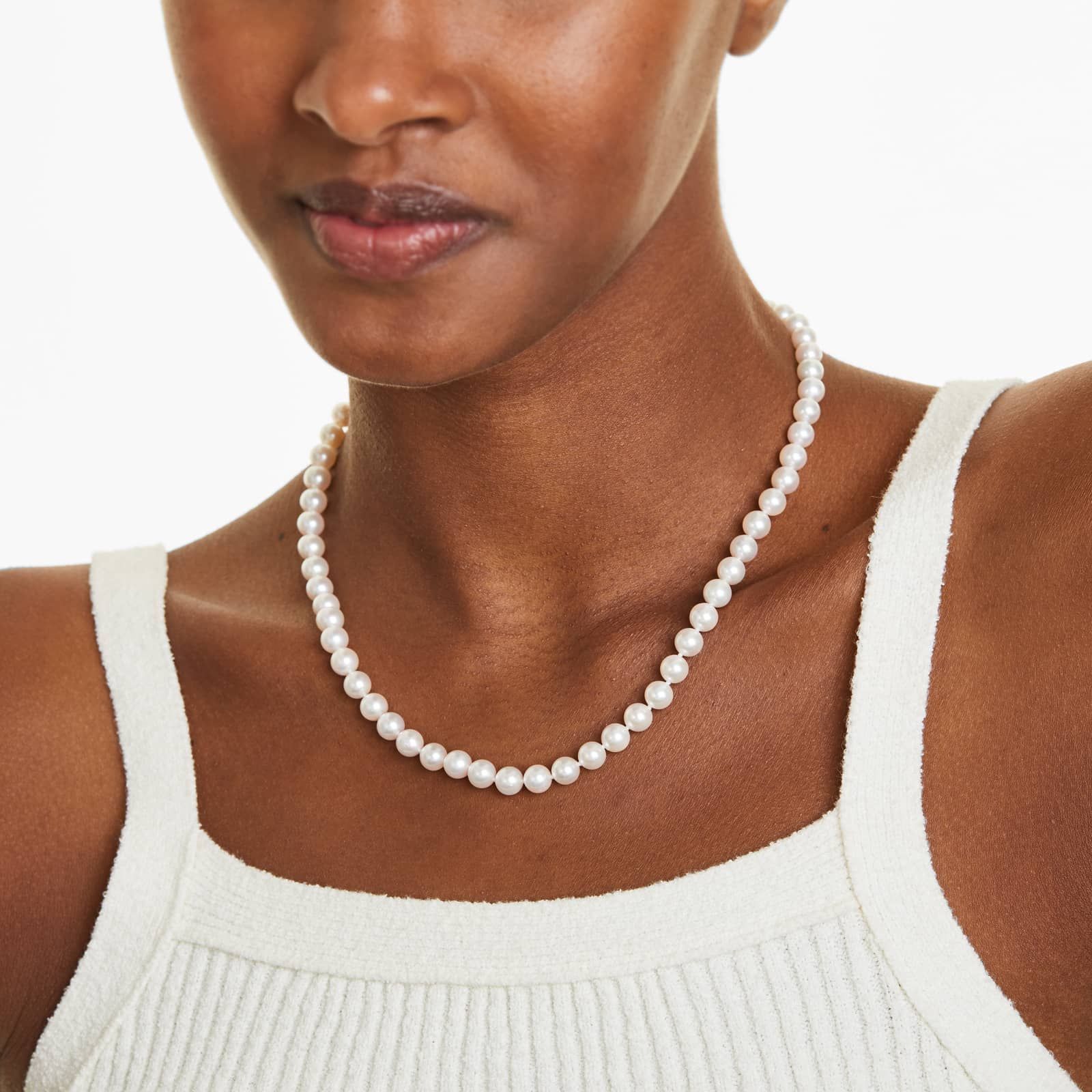 14K White Gold Akoya Cultured Pearl Ball Clasp 18" Necklace (6.50-7.0mm)