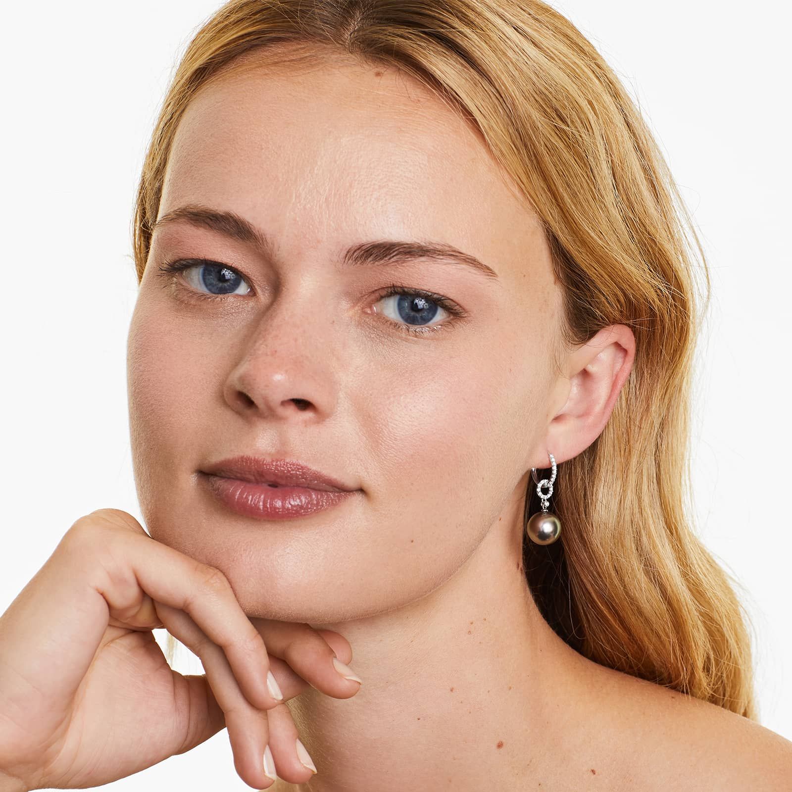 Cultured Tahitian Pearl And Diamond Link Drop Earrings In 18K White Gold (11.0-12.0mm)