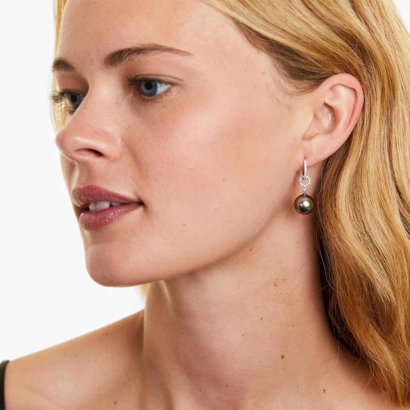 Cultured Tahitian Pearl And Diamond Link Drop Earrings In 18K White Gold (11.0-12.0mm)