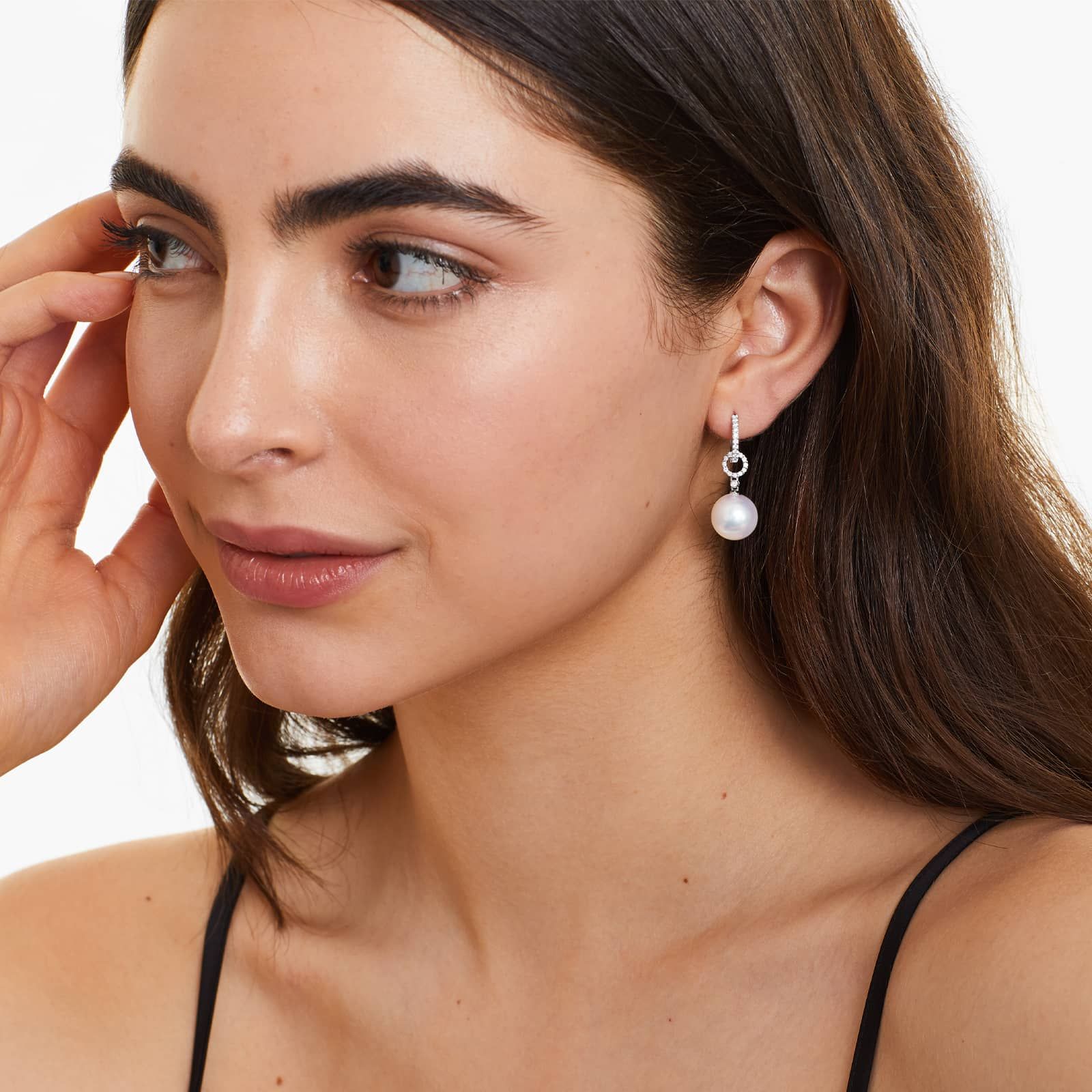 Cultured South Sea Pearl And Diamond Link Drop Earrings In 18K White Gold (11.0-12.0mm)