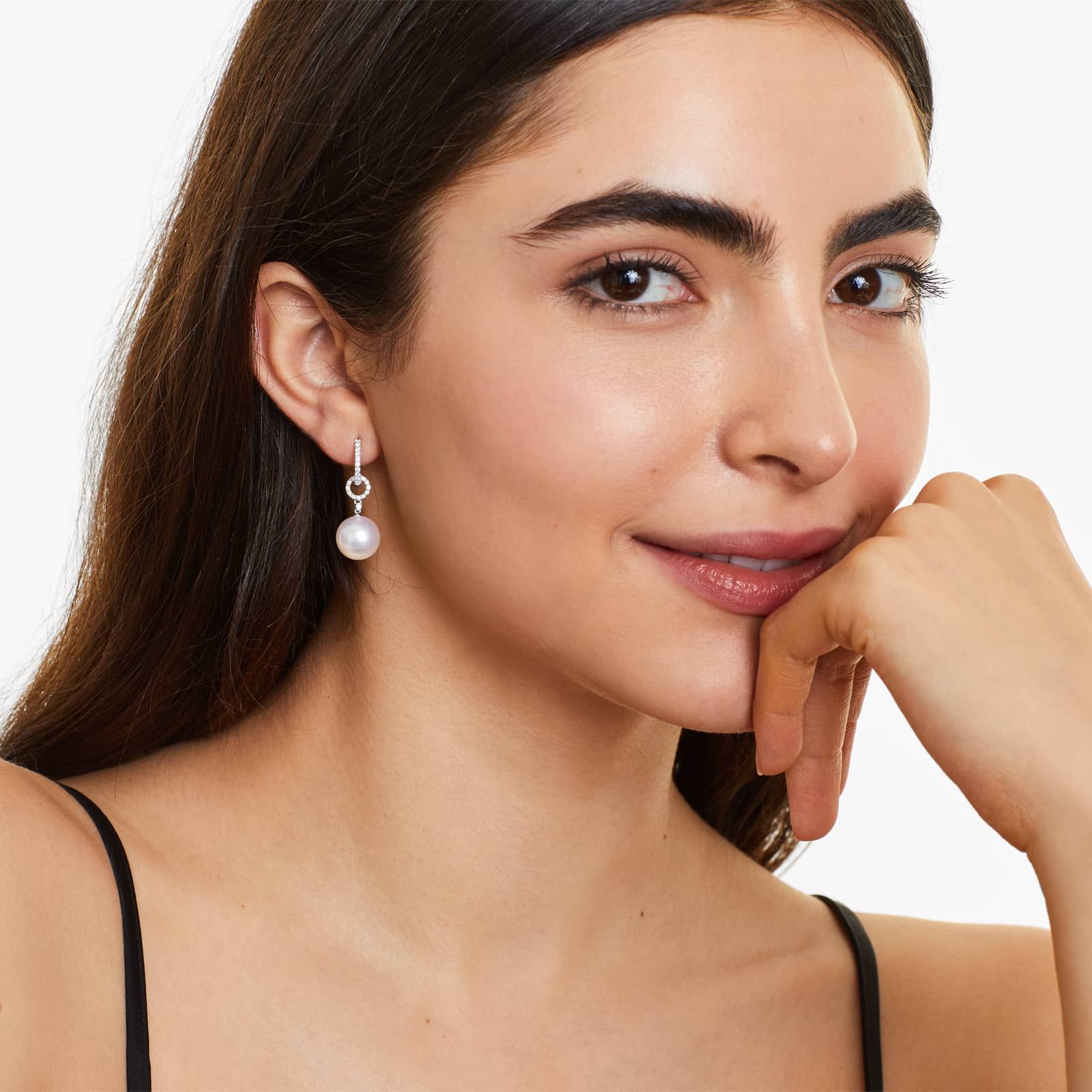 Cultured South Sea Pearl And Diamond Link Drop Earrings In 18K White Gold (11.0-12.0mm)