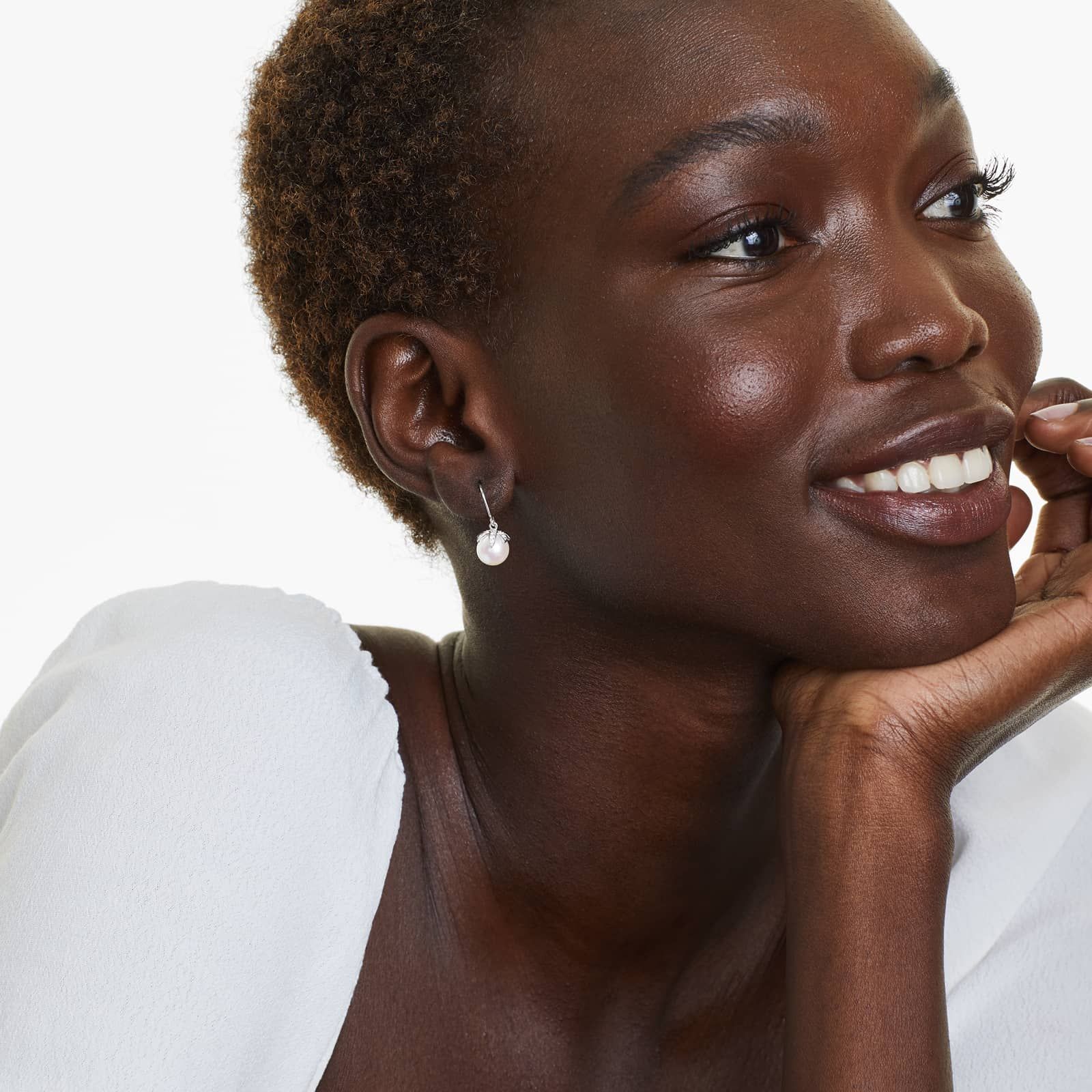 Cultured Freshwater Pearl And Diamond Leaf Motif Drop Earrings In 14K White Gold (8.0-9.0mm)