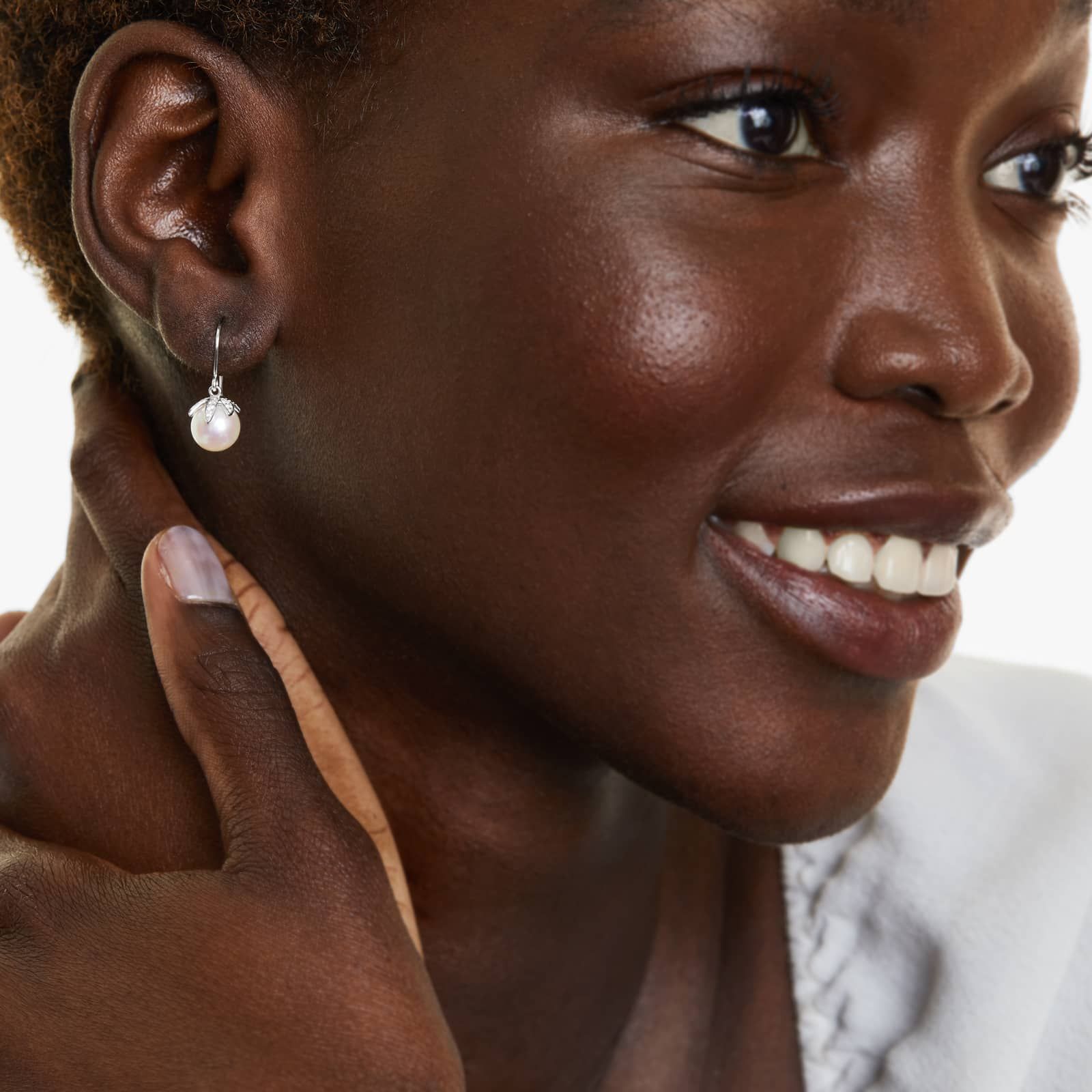 Cultured Freshwater Pearl And Diamond Leaf Motif Drop Earrings In 14K White Gold (8.0-9.0mm)