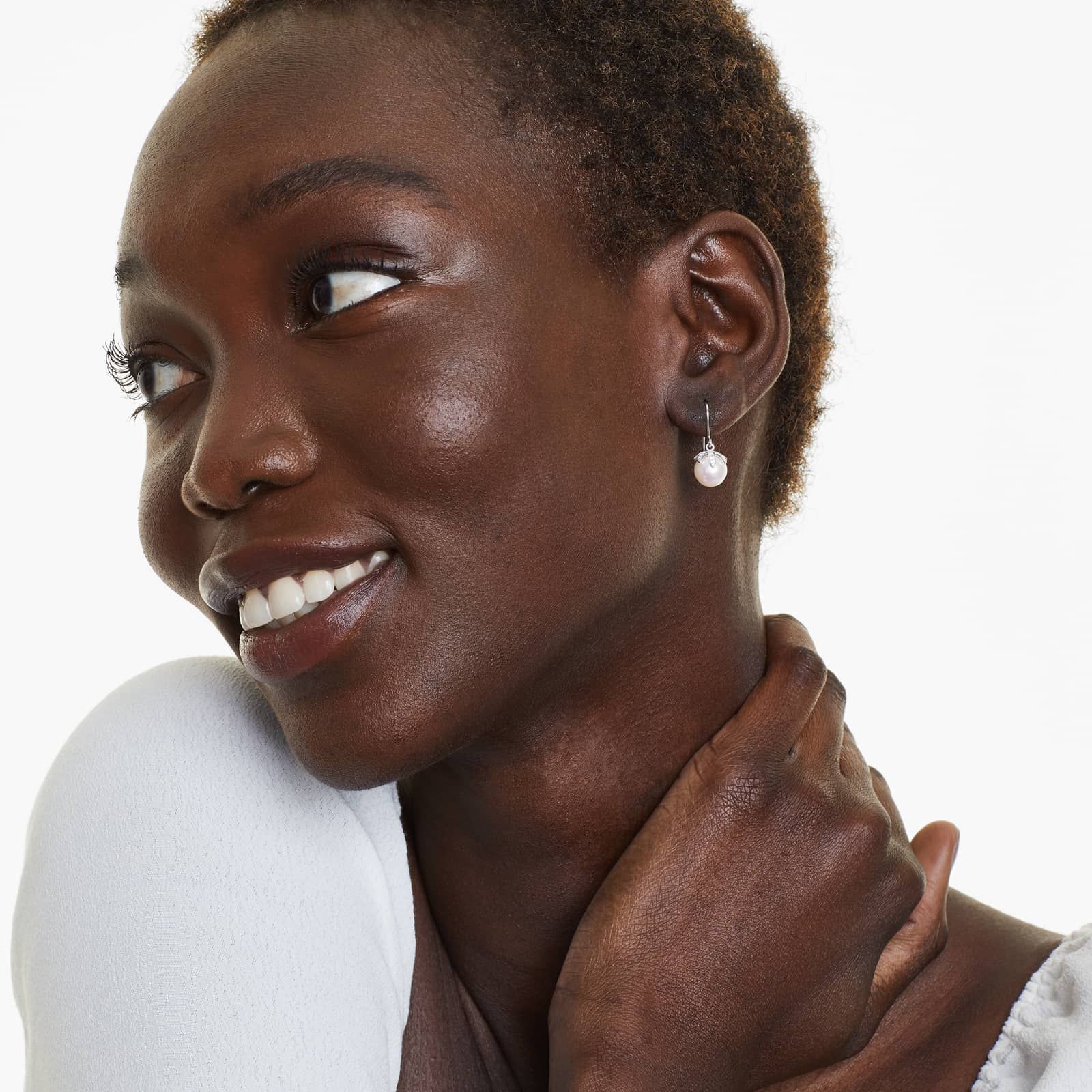 Cultured Freshwater Pearl And Diamond Leaf Motif Drop Earrings In 14K White Gold (8.0-9.0mm)