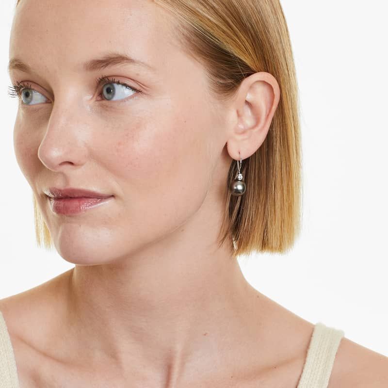 Cultured Tahitian Pearl And Bezel Diamond Drop Earrings In 18K White Gold (11.0-12.0mm)