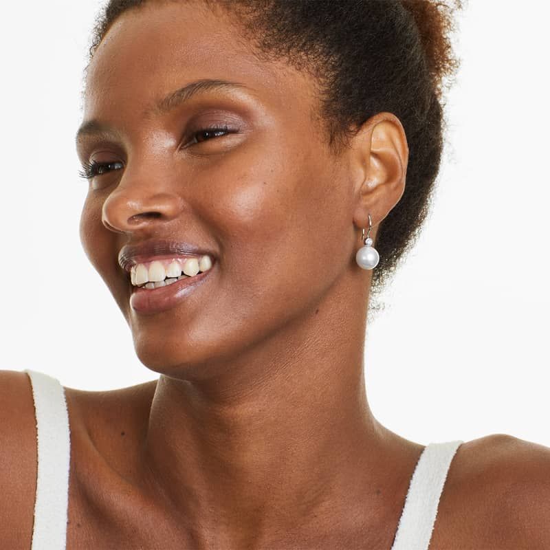 Cultured South Sea Pearl And Bezel Diamond Drop Earrings In 18K White Gold (11.0-12.0mm)