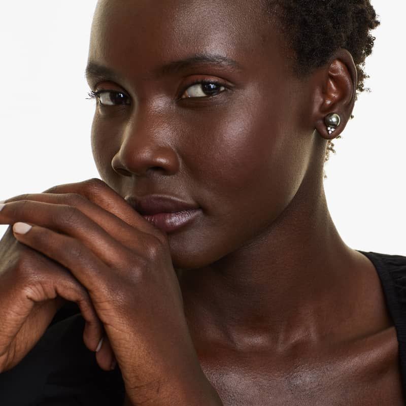 Cultured Tahitian Pearl And Diamond Trio Earrings In 14K White Gold (9.0-10.0mm)