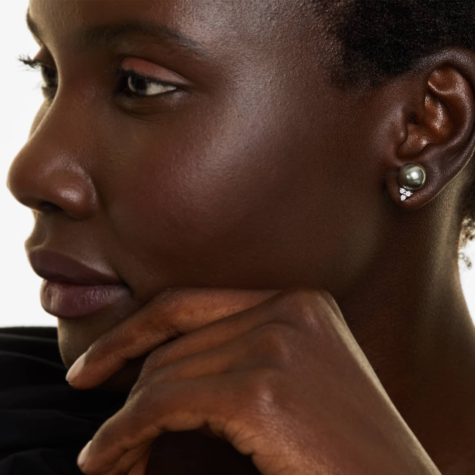 Cultured Tahitian Pearl And Diamond Trio Earrings In 14K White Gold (9.0-10.0mm)